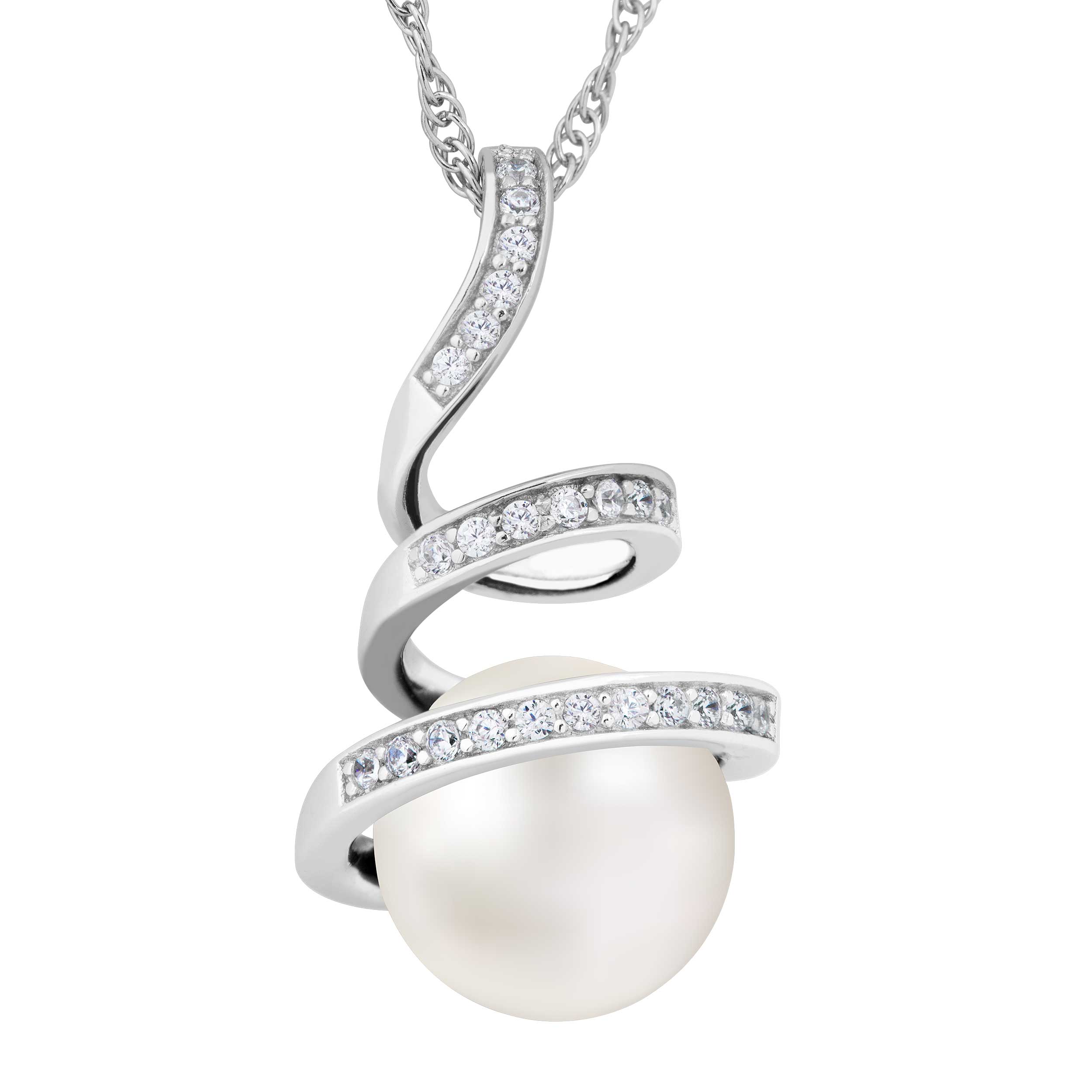  White Pearl Pendant Necklace, Rhodium Plated Sterling Silver