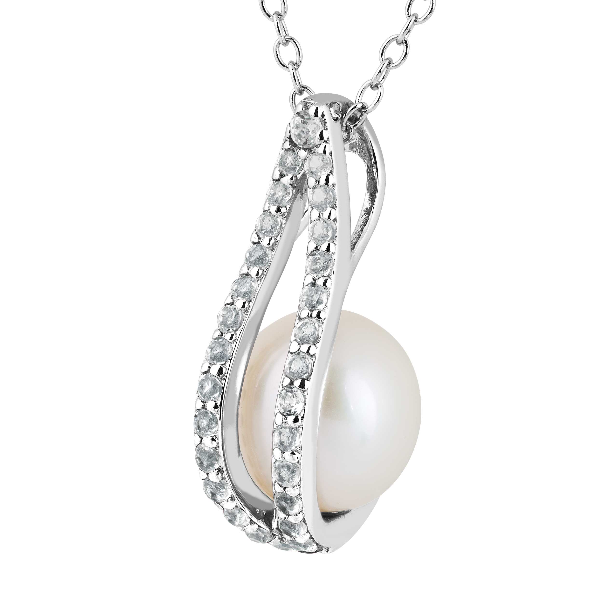  White Pearl Pendant Necklace, Rhodium Plated Sterling Silver