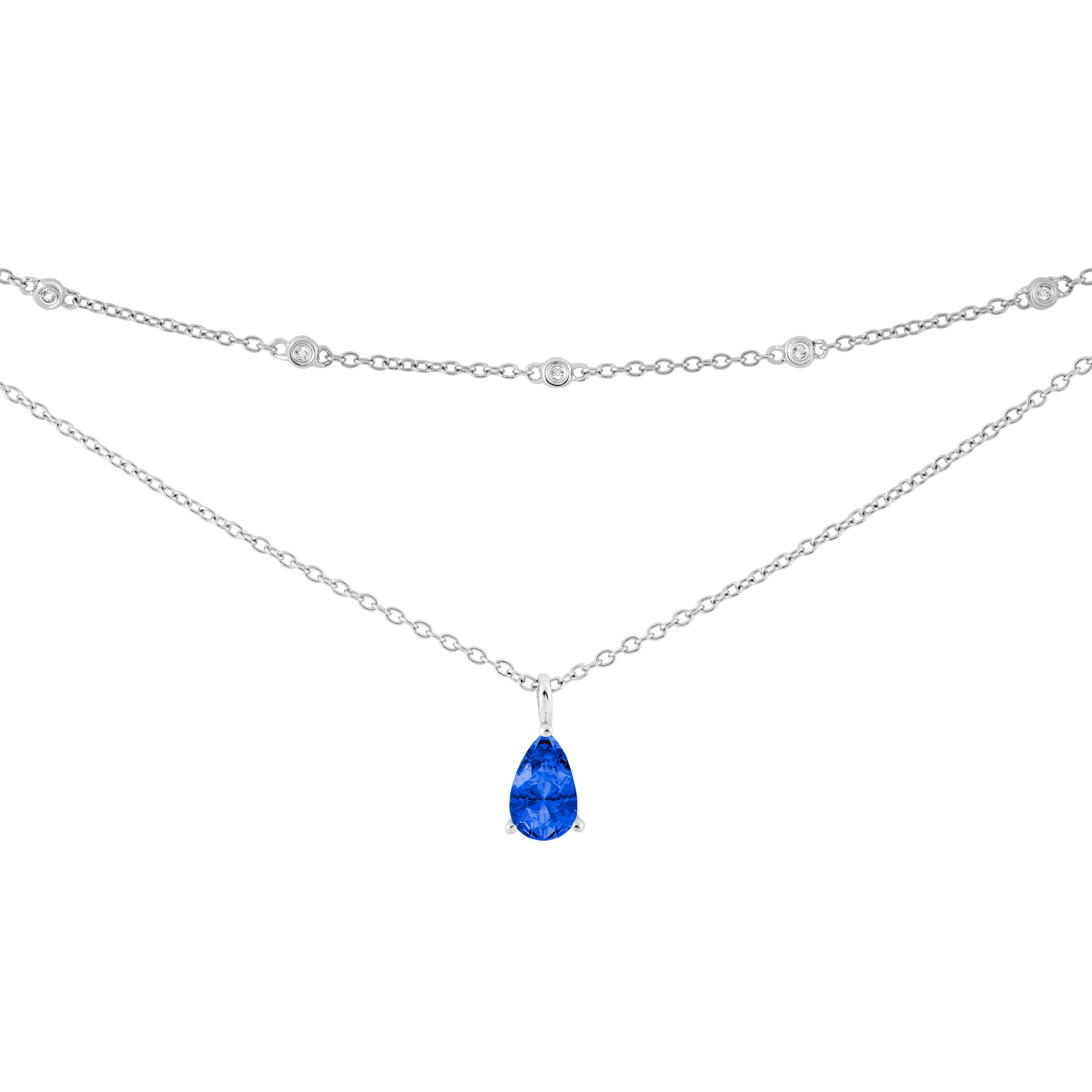 Created Blue Sapphire Pendant Necklace, Rhodium Plated Sterling Silver