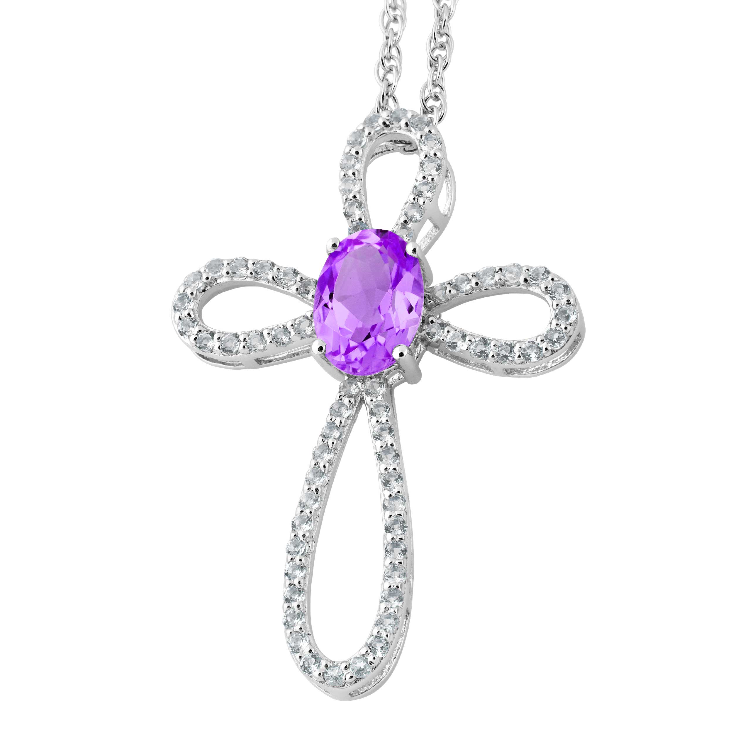 Oval Brazillian Amethyst and White Topaz Cross Pendant Necklace, Rhodium Plated Sterling Silver