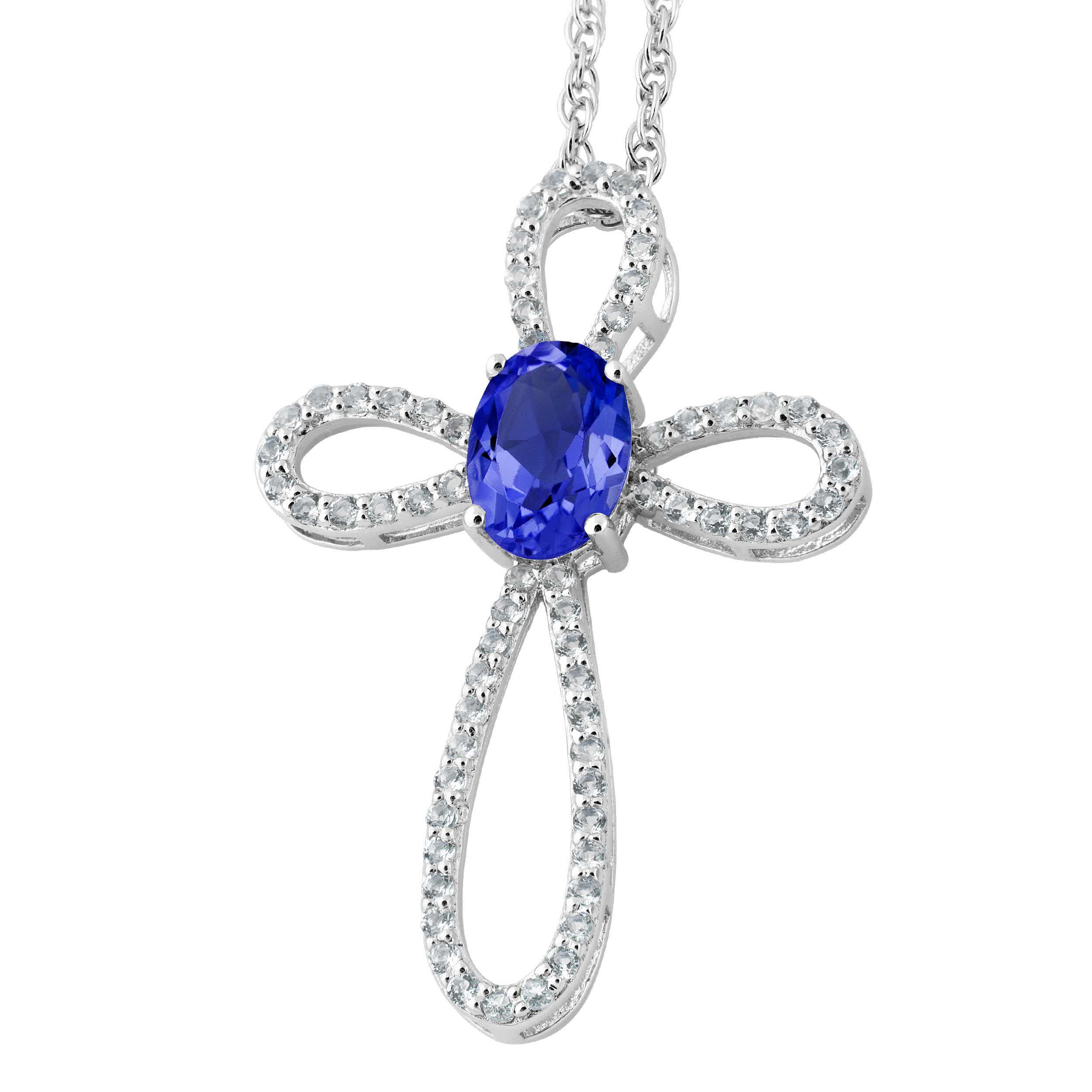 Oval Created Blue Sapphire and White Topaz Cross Pendant Necklace, Rhodium Plated Sterling Silver