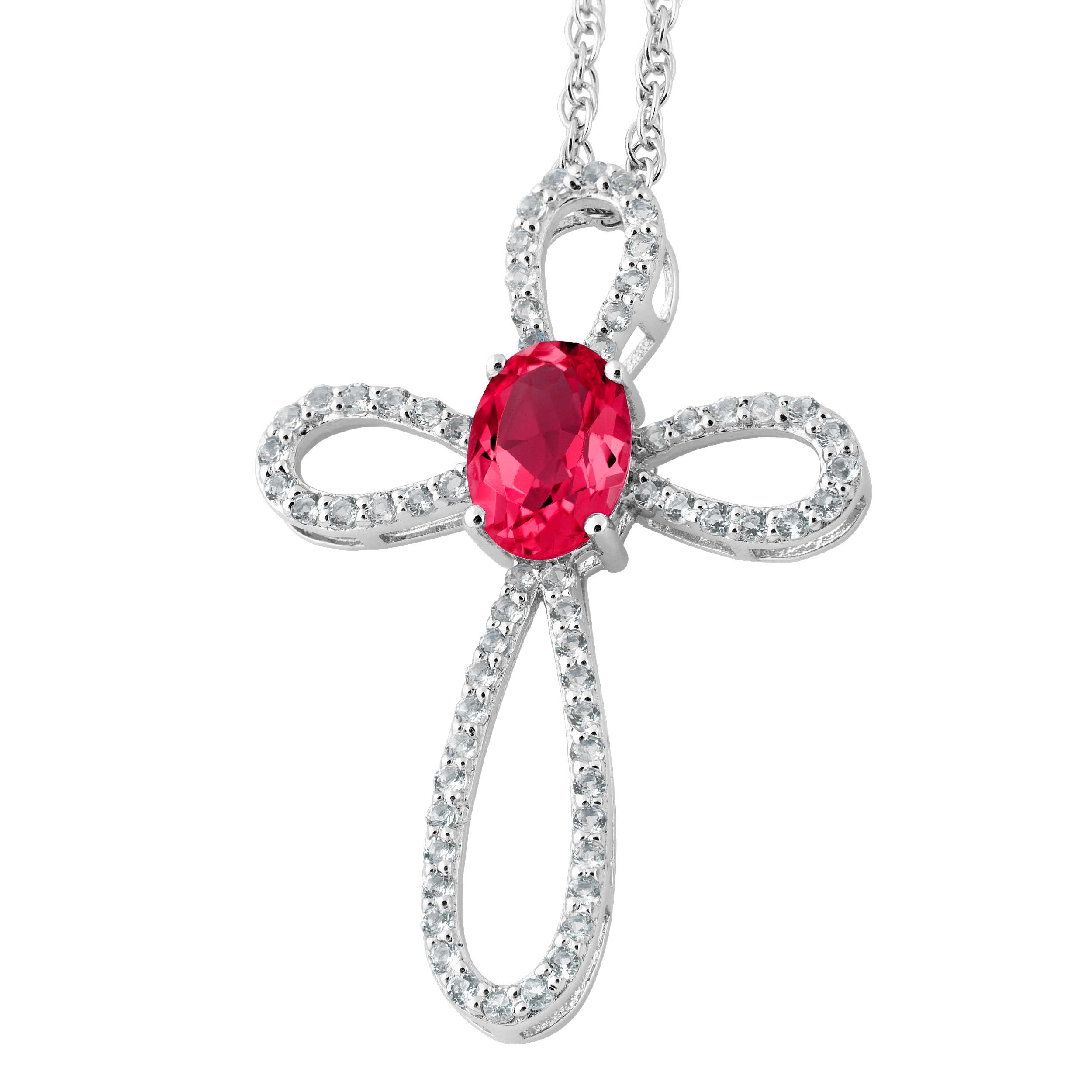 Oval Created Ruby and White Topaz Cross Pendant Necklace, Rhodium Plated Sterling Silver
