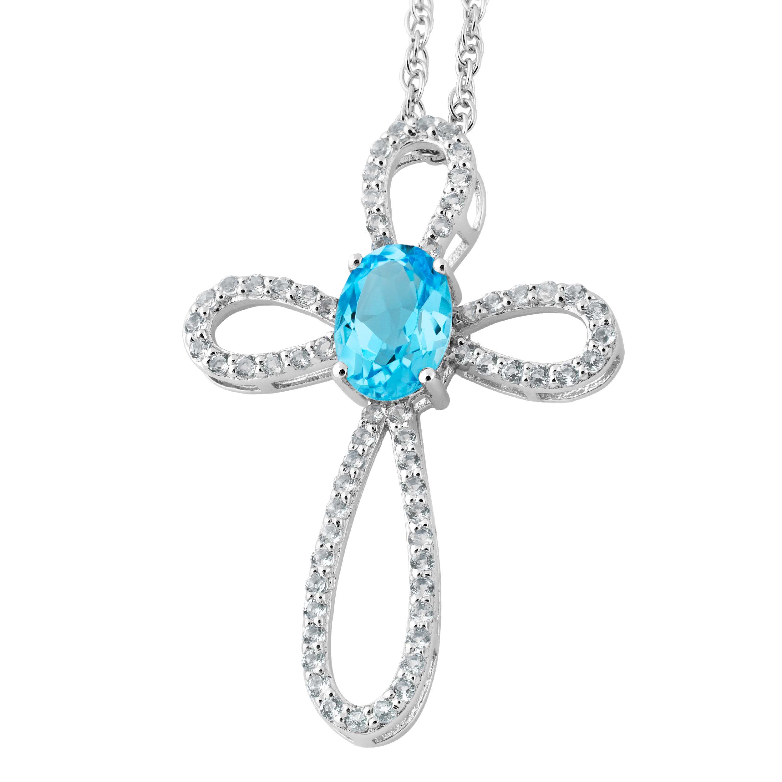 Oval  Swiss Blue Topaz and White Topaz Cross Pendant Necklace, Rhodium Plated Sterling Silver