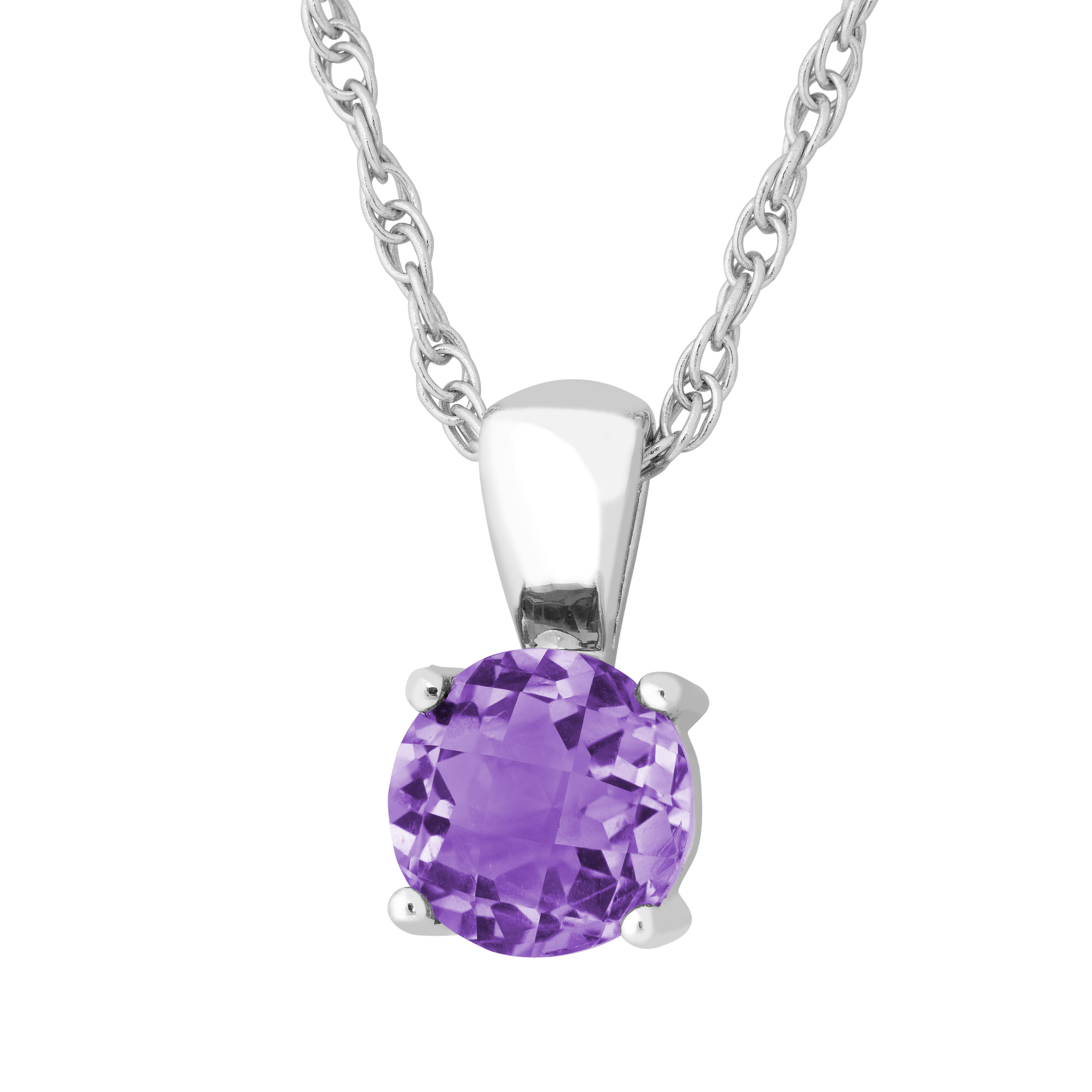 Round  Brazillian Amethyst Pendant Necklace, Rhodium Plated Sterling Silver