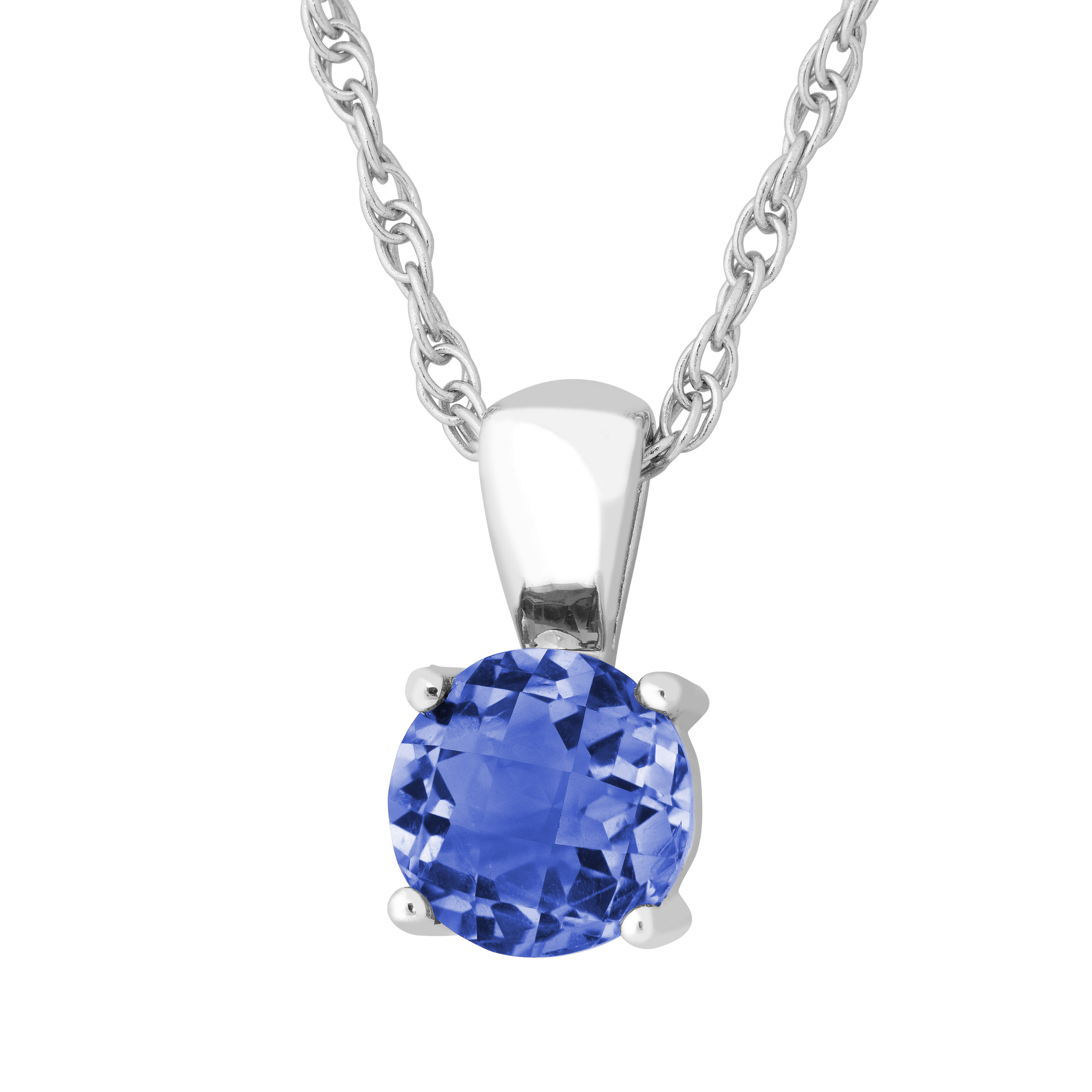 Created Round Blue Sapphire Pendant Necklace, Rhodium Plated Sterling Silver