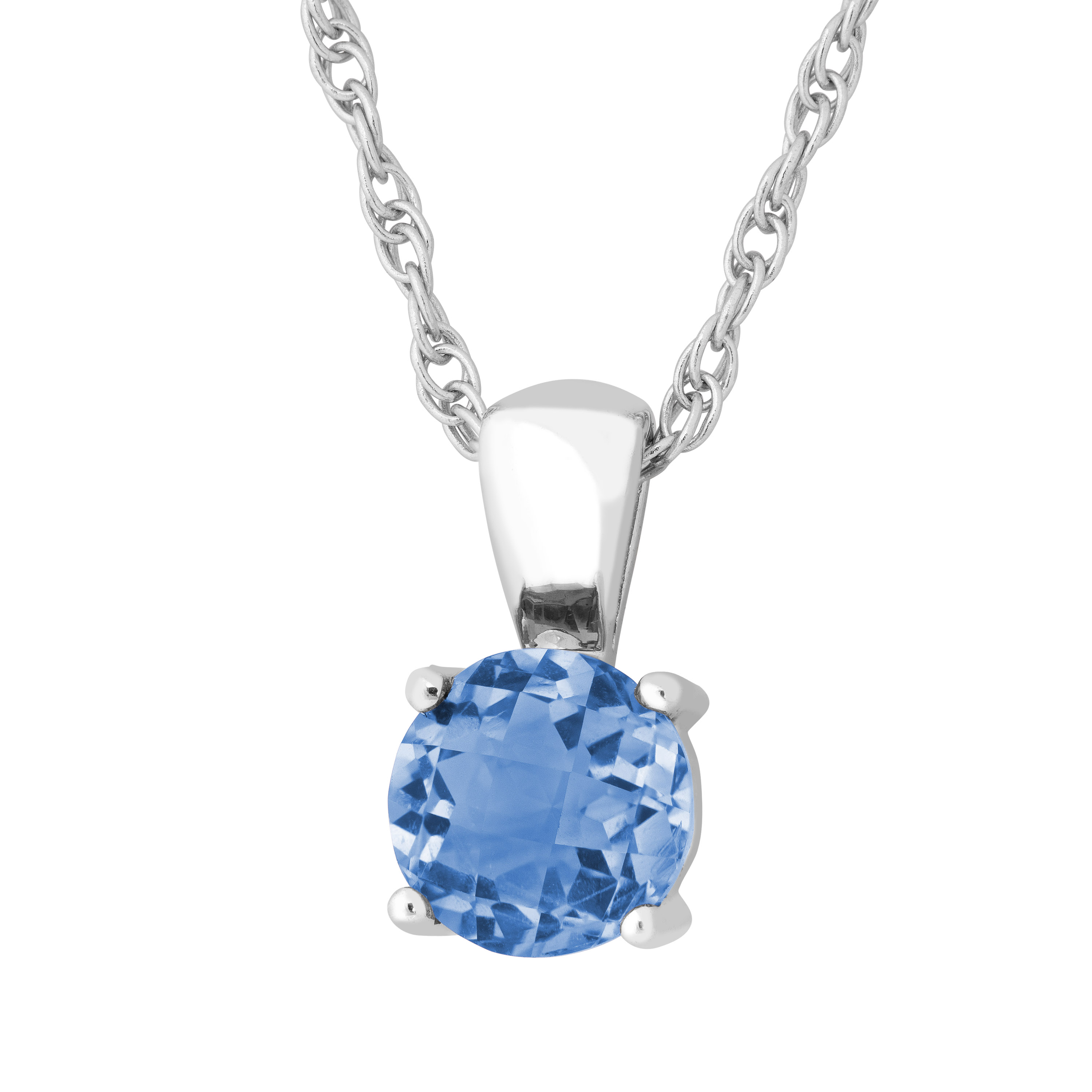 Round Swiss Blue Topaz Pendant Necklace, Rhodium Plated Sterling Silver