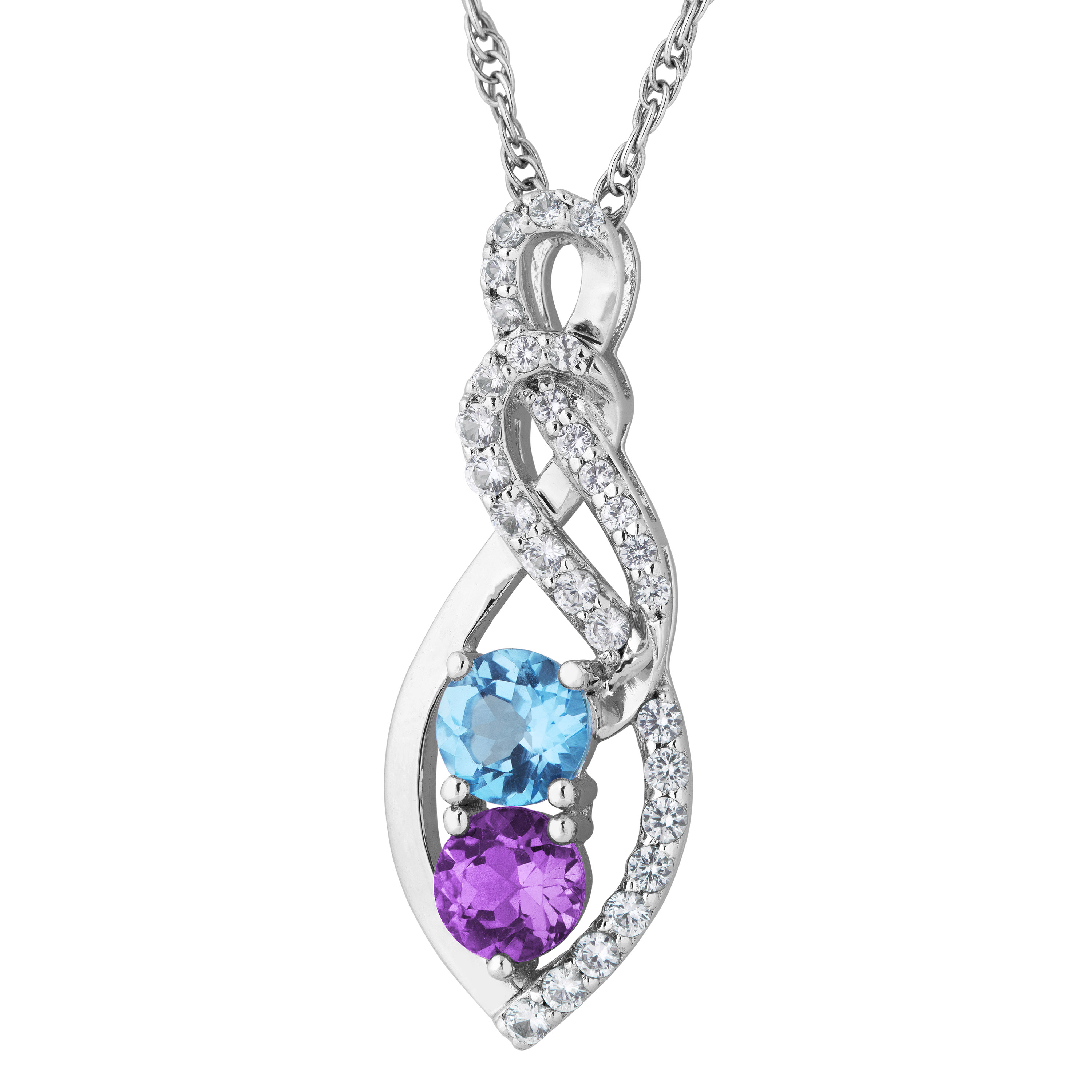 Swiss Blue Topaz and Brazillian Amethyst Pendant Necklace, Rhodium Plated Sterling Silver