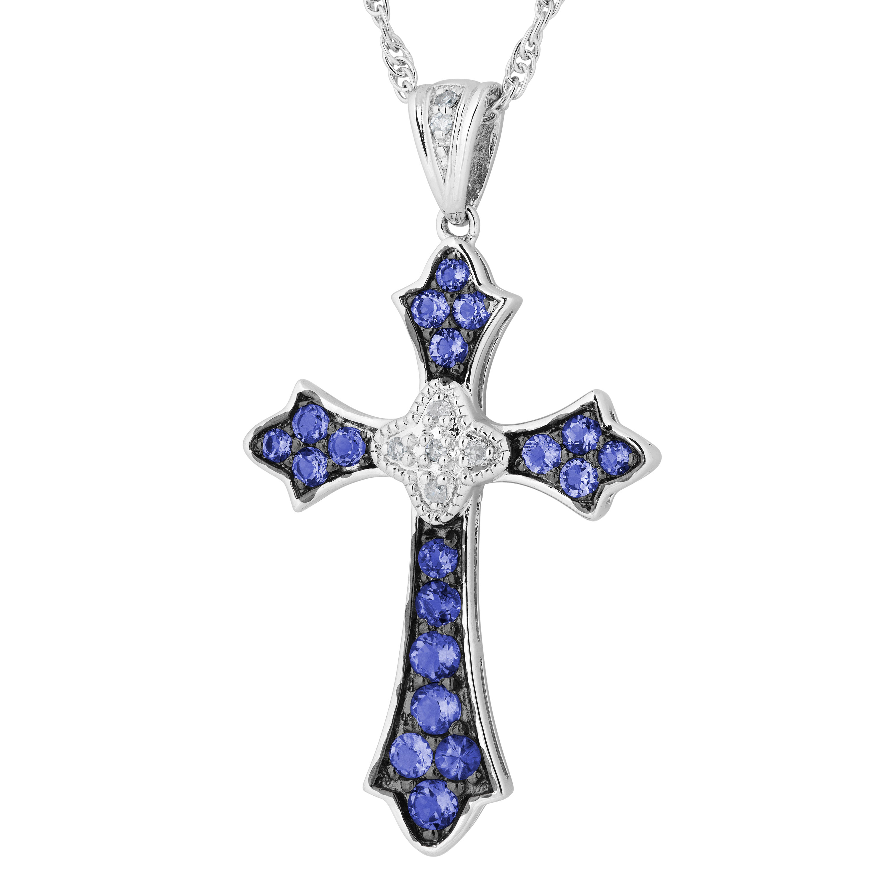 Created Blue Sapphire and CZ Cross Pendant Necklace, Rhodium Plated Sterling Silver