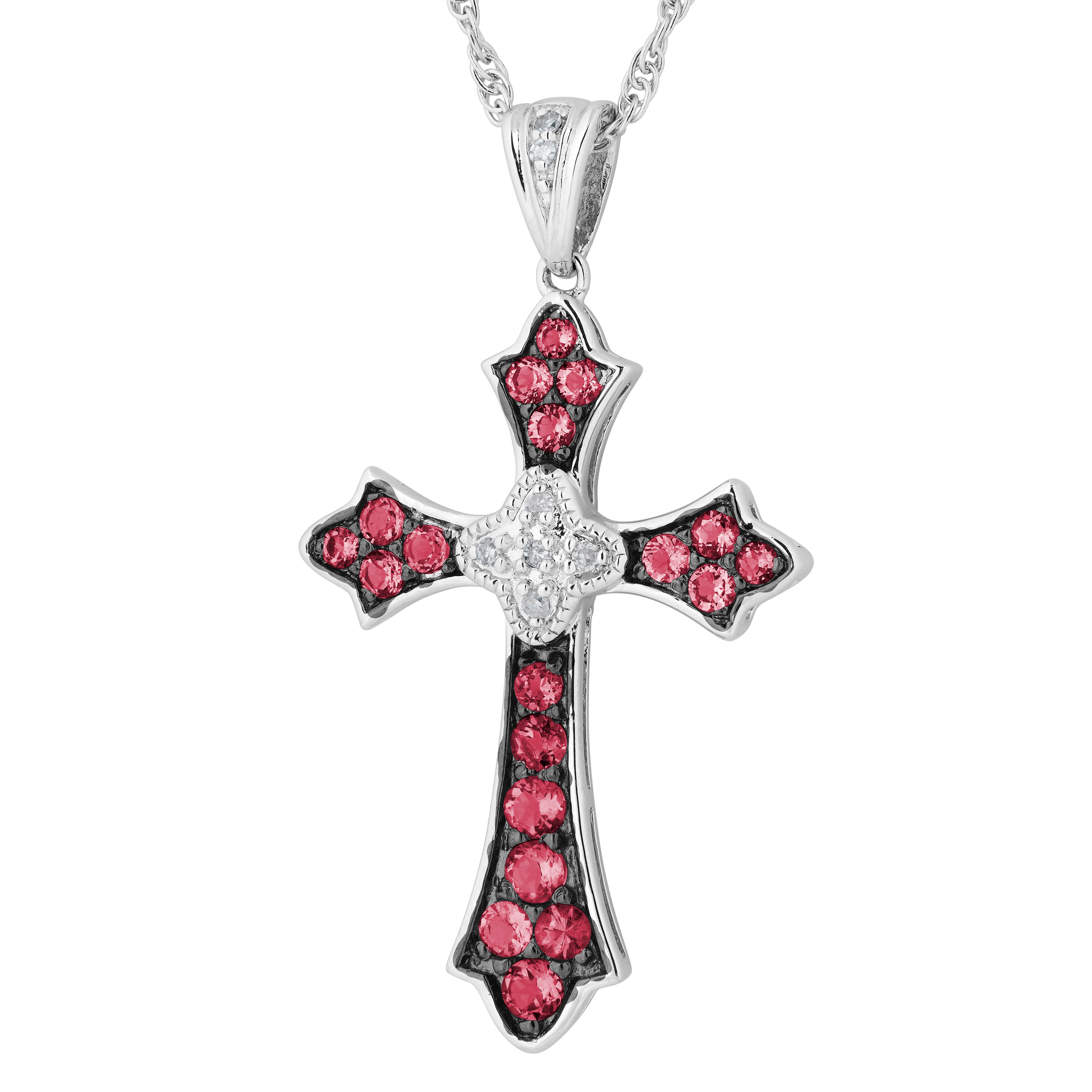 Created Ruby and CZ Cross Pendant Necklace, Rhodium Plated Sterling Silver
