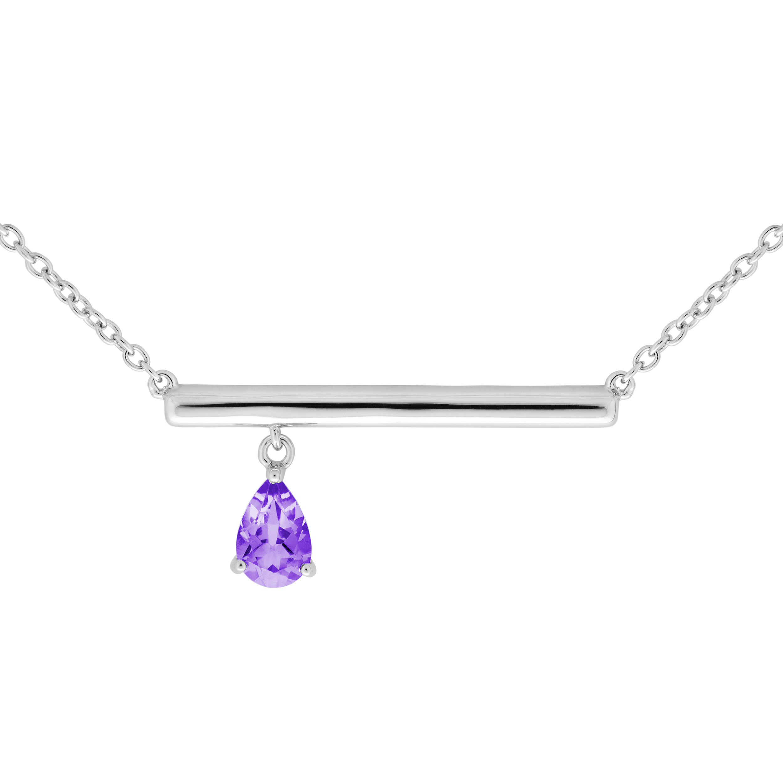 Pear Brazillian Amethyst Pendant Necklace, Rhodium Plated Sterling Silver