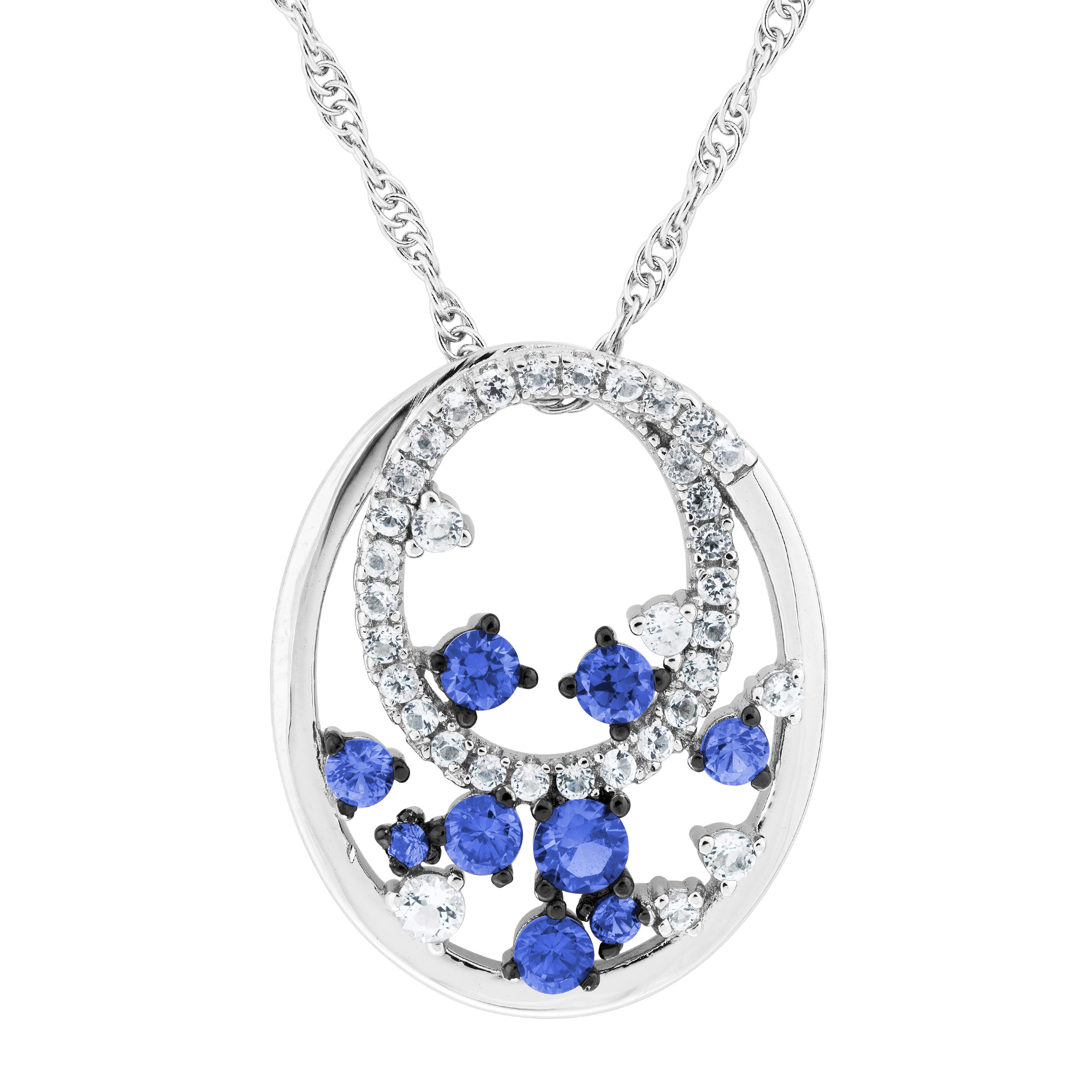 Created Blue Sapphire and White Topaz Oval Pendant Necklace, Rhodium Plated Sterling Silver  img title=
