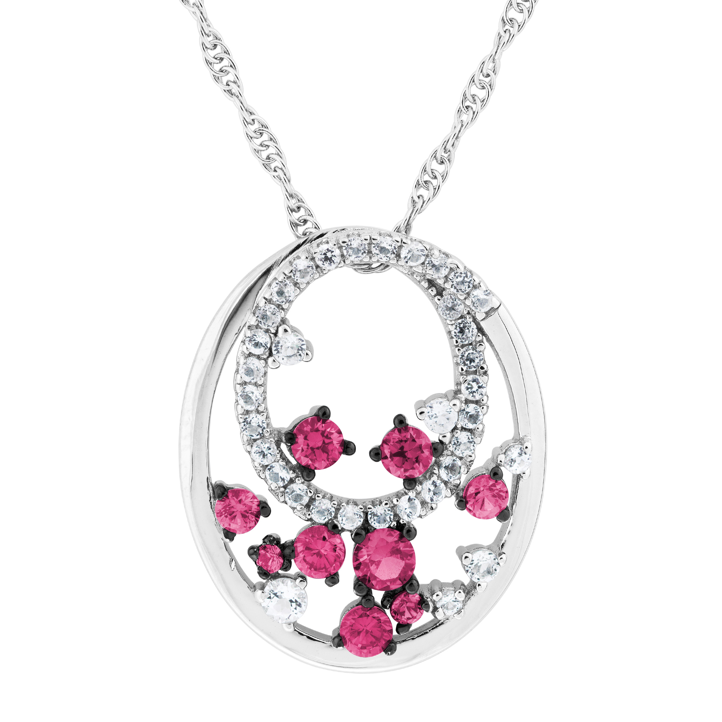 Created Ruby and White Topaz Oval Pendant Necklace, Rhodium Plated Sterling Silver img title=