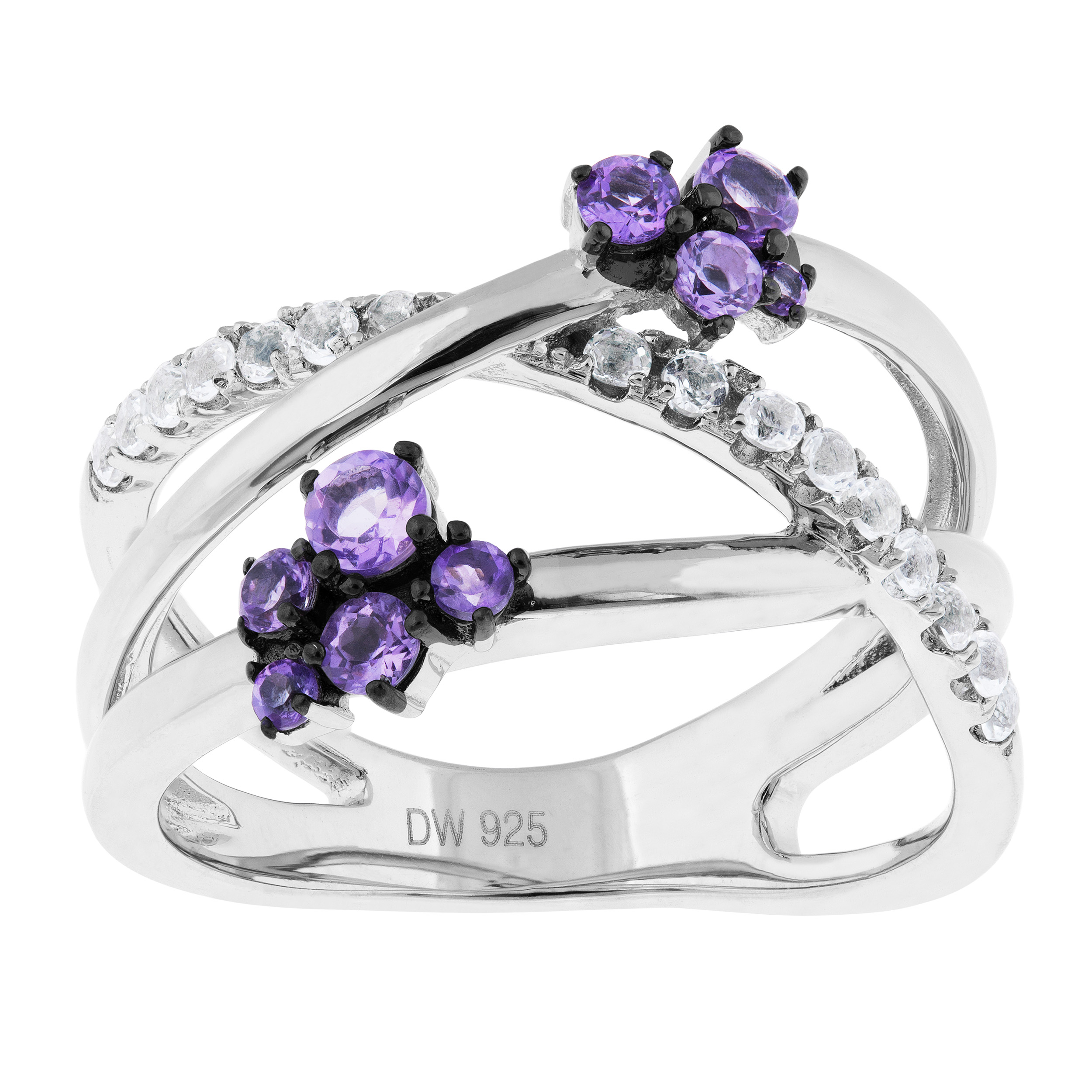 Brazillian Amethyst and White Topaz Ring, Rhodium Plated Sterling Silver