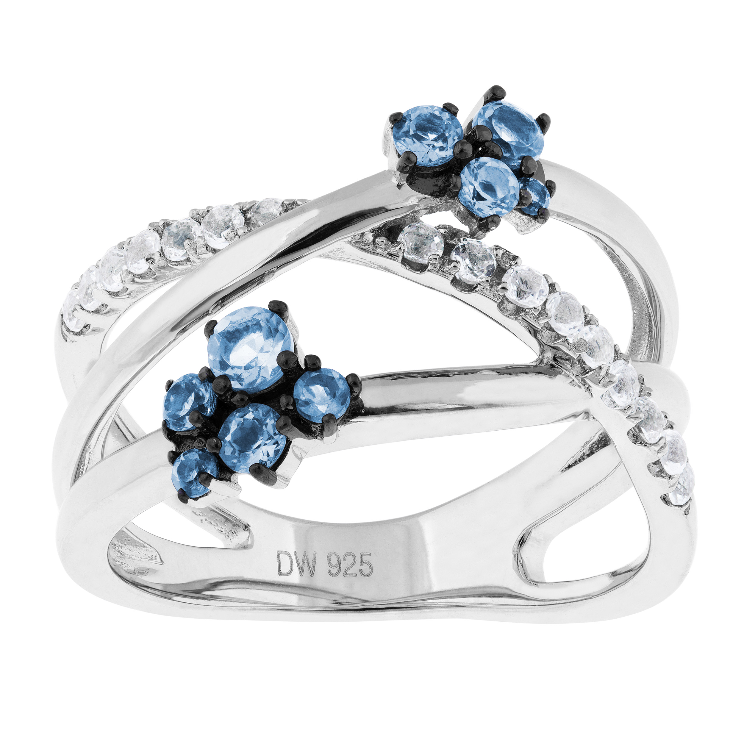 Swiss Blue Topaz and White Topaz Ring, Rhodium Plated Sterling Silver