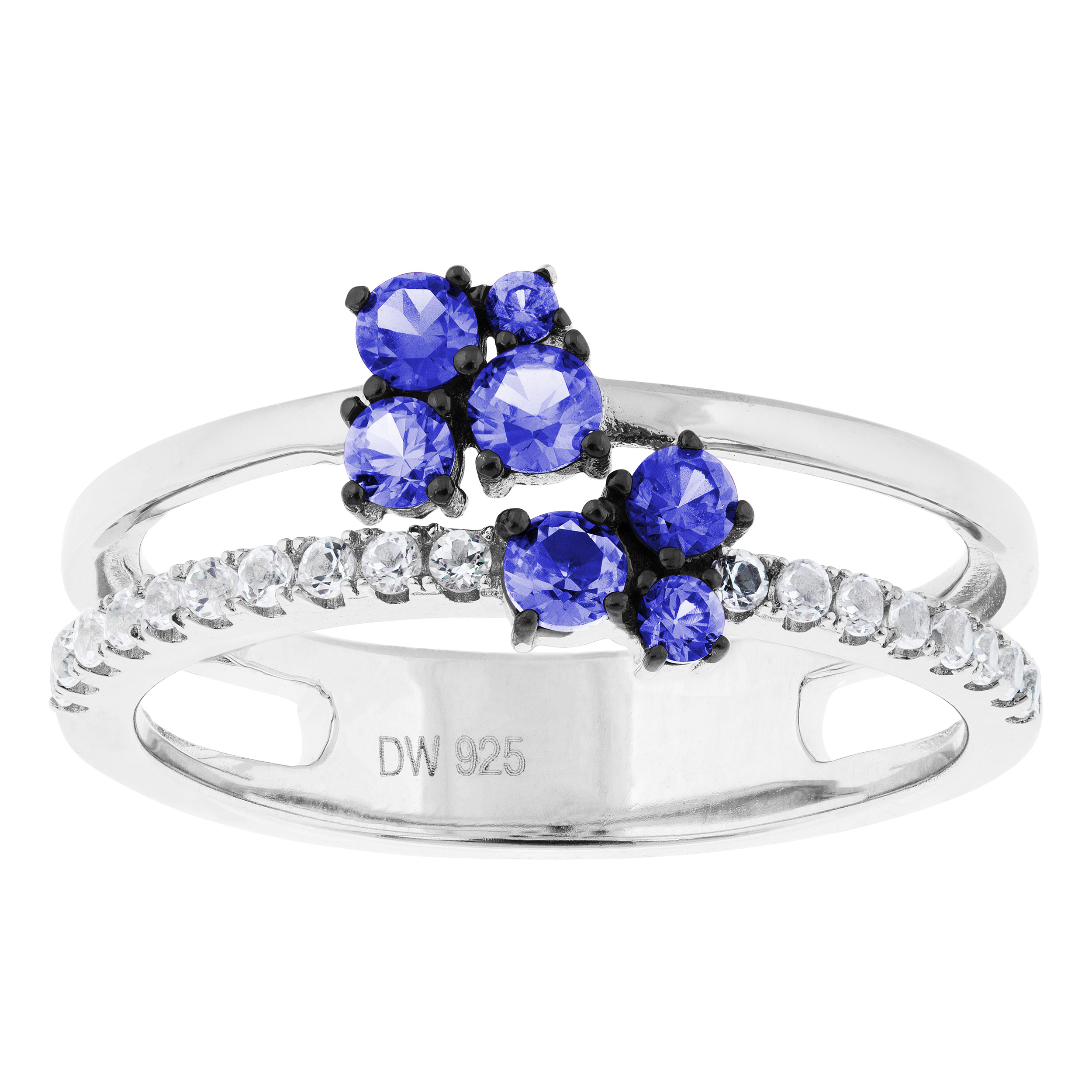 Created Blue Sapphire and White Topaz Ring, Rhodium Plated Sterling Silver