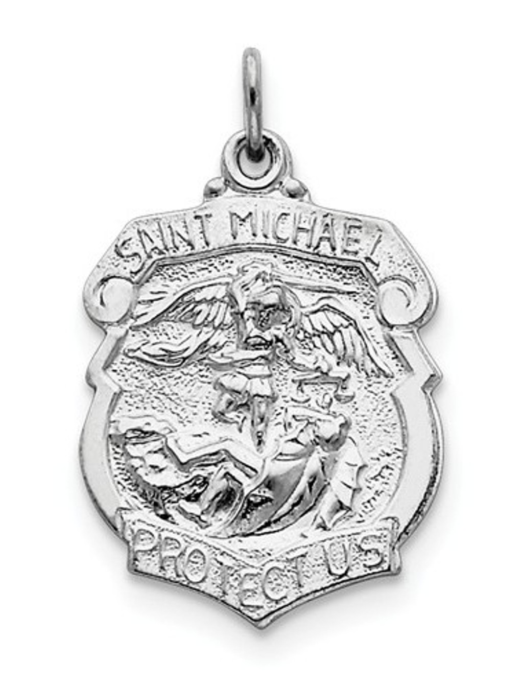 Rhodium-Plated Sterling Silver Saint Michael Badge Medal Charm Pendant (33X22 MM)