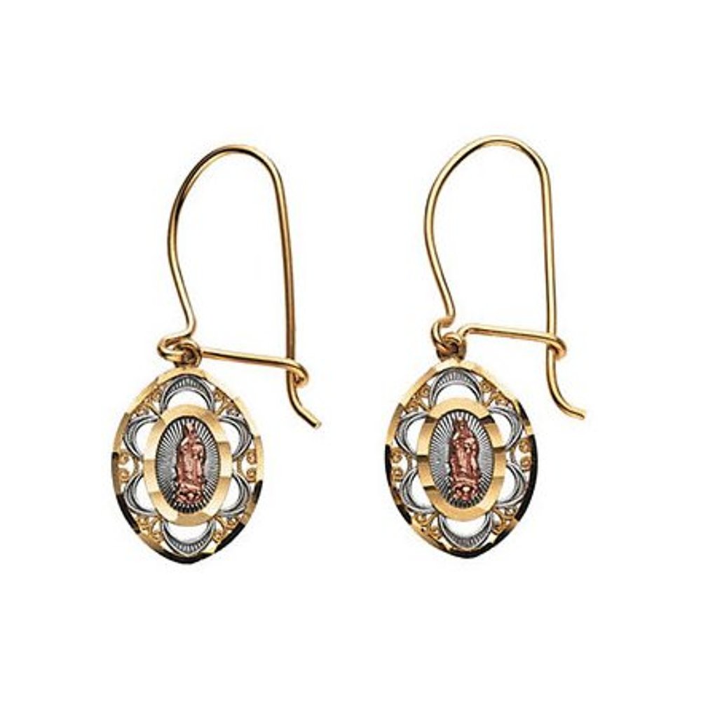 14k Yellow and Rose Gold Oval Our Lady of Guadalupe Earrings (30x9.5MM)