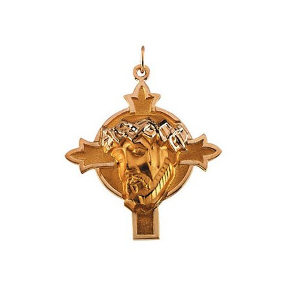 14k Yellow Gold Round Face of Jesus (Ecce Homo) Crown Cross Medal (22.5x21.5 MM)