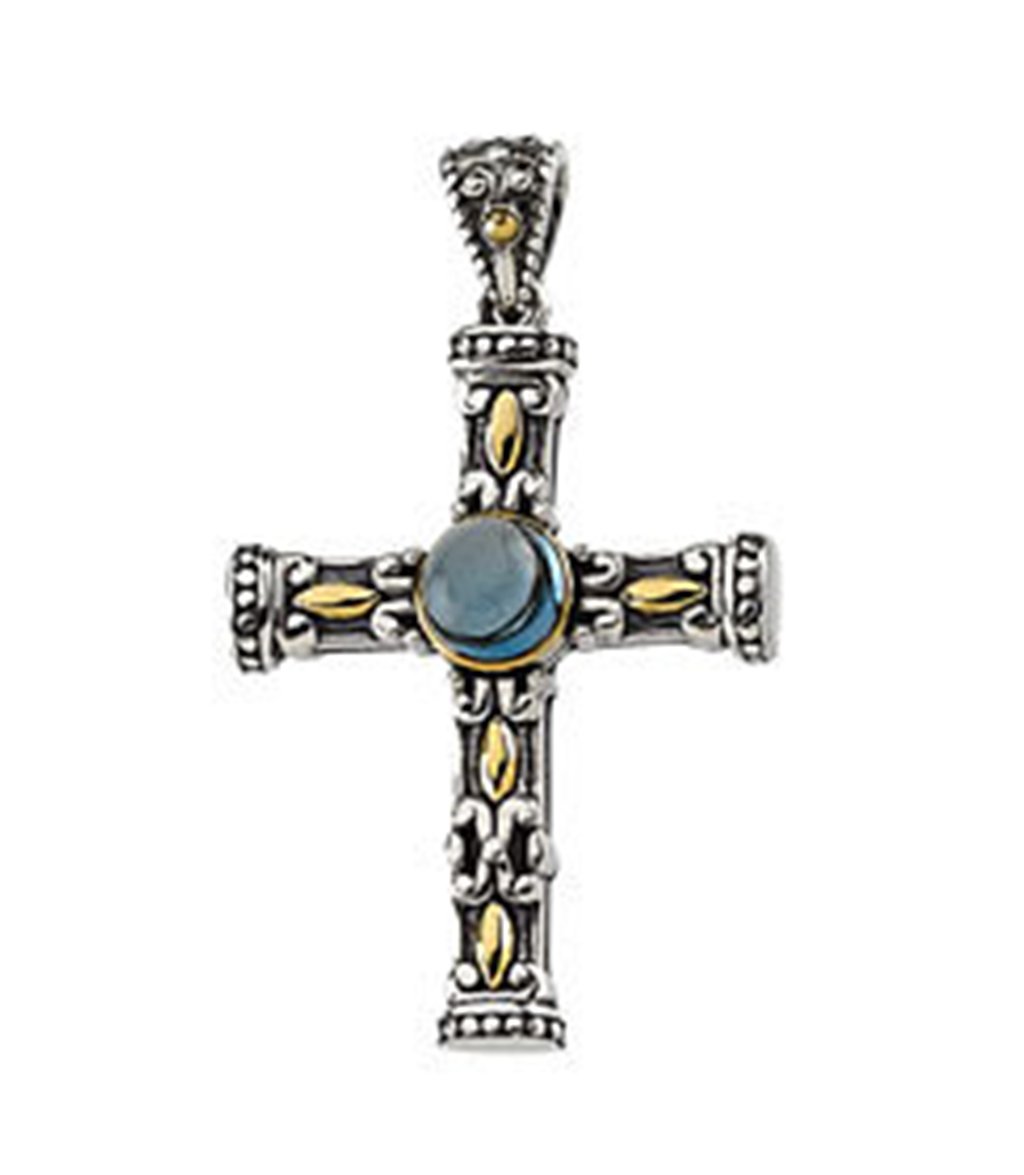 Cab London Blue Topaz Cross Pendant, Sterling Silver and 14k Yellow Gold