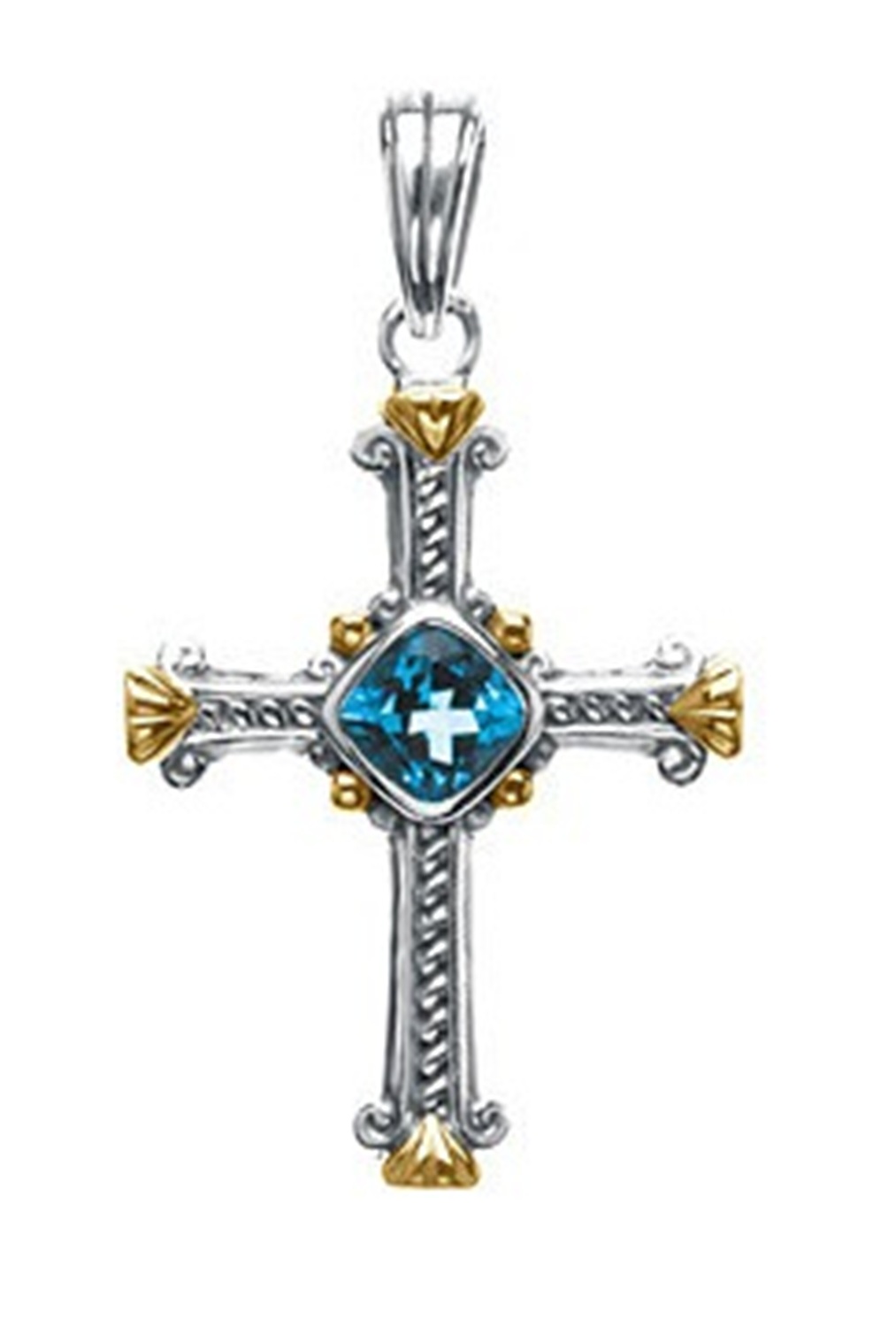 Swiss Blue Topaz Cross Pendant, Sterling Silver and 14k Yellow Gold