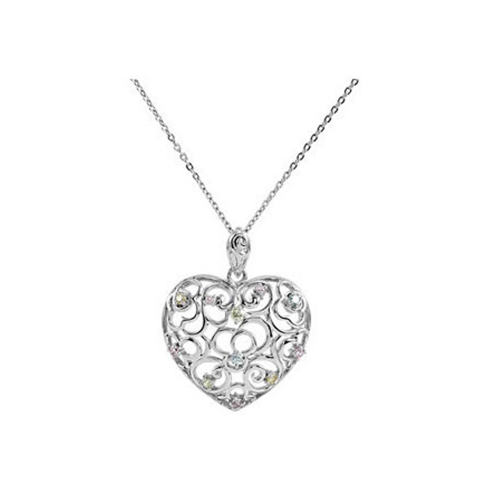 Filigree CZ Heart Sterling Silver Pendant Necklace