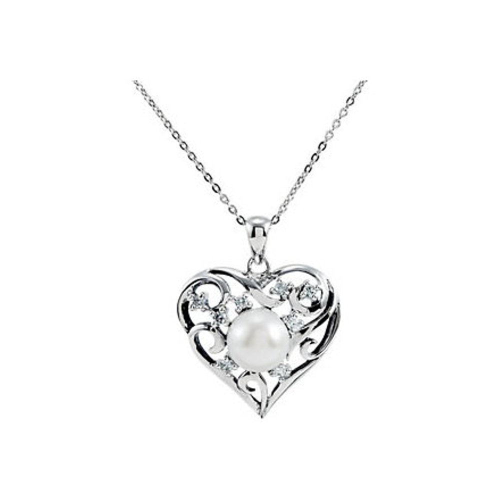 White Freshwater Cultured Pearl and CZ Heart 'My Treasured Possession' 