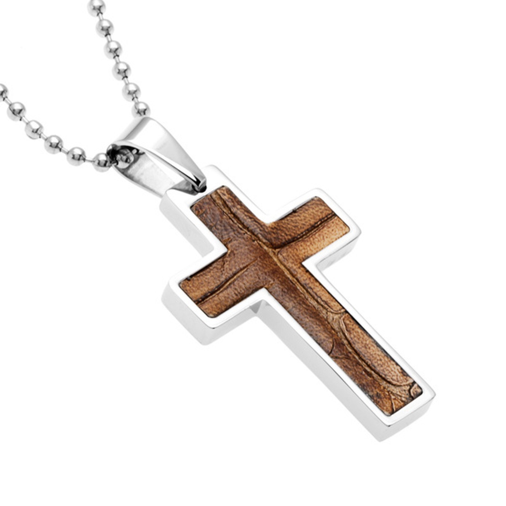 Inlaid Brown Leather Cross Pendant Necklace, Stainless Steel, Black Hills Gold Motif