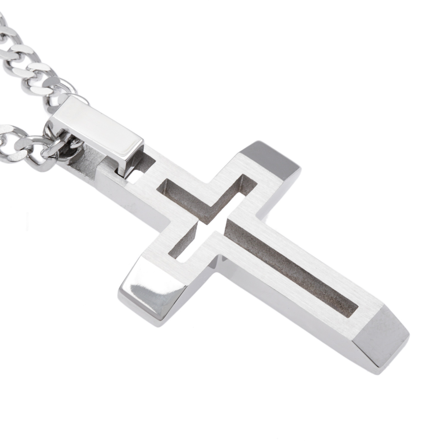 Brush Finish Open Cross Pendant Necklace, Stainless Steel, Black Hills Gold Motif
