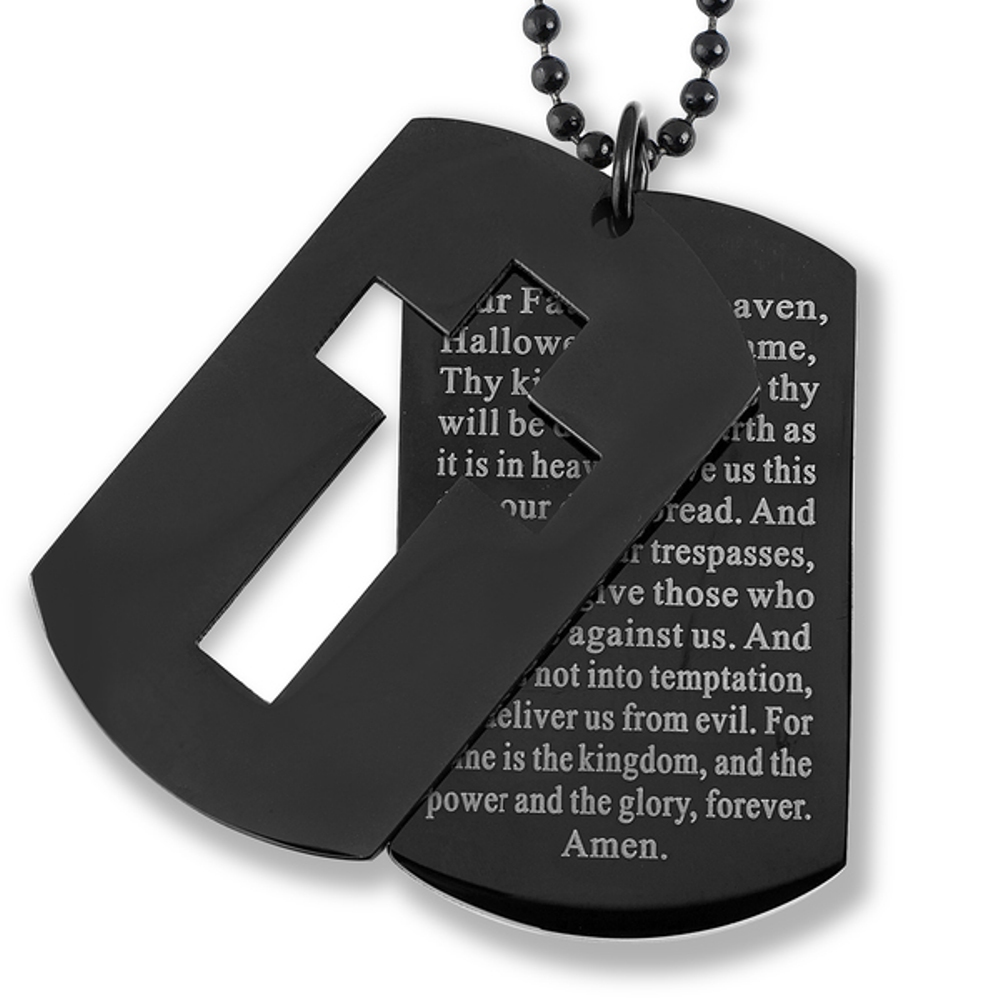   Men's Blackplated Stainless Steel Cross and 'Lord's Prayer' Double Dog Tag Pendant