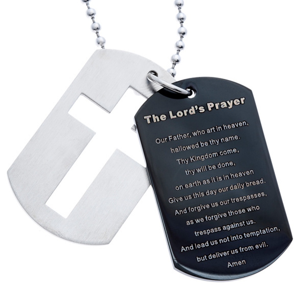 Men's Lord’s Prayer on Stainless & Black Ion Plated Steel Dog Tag Pendant