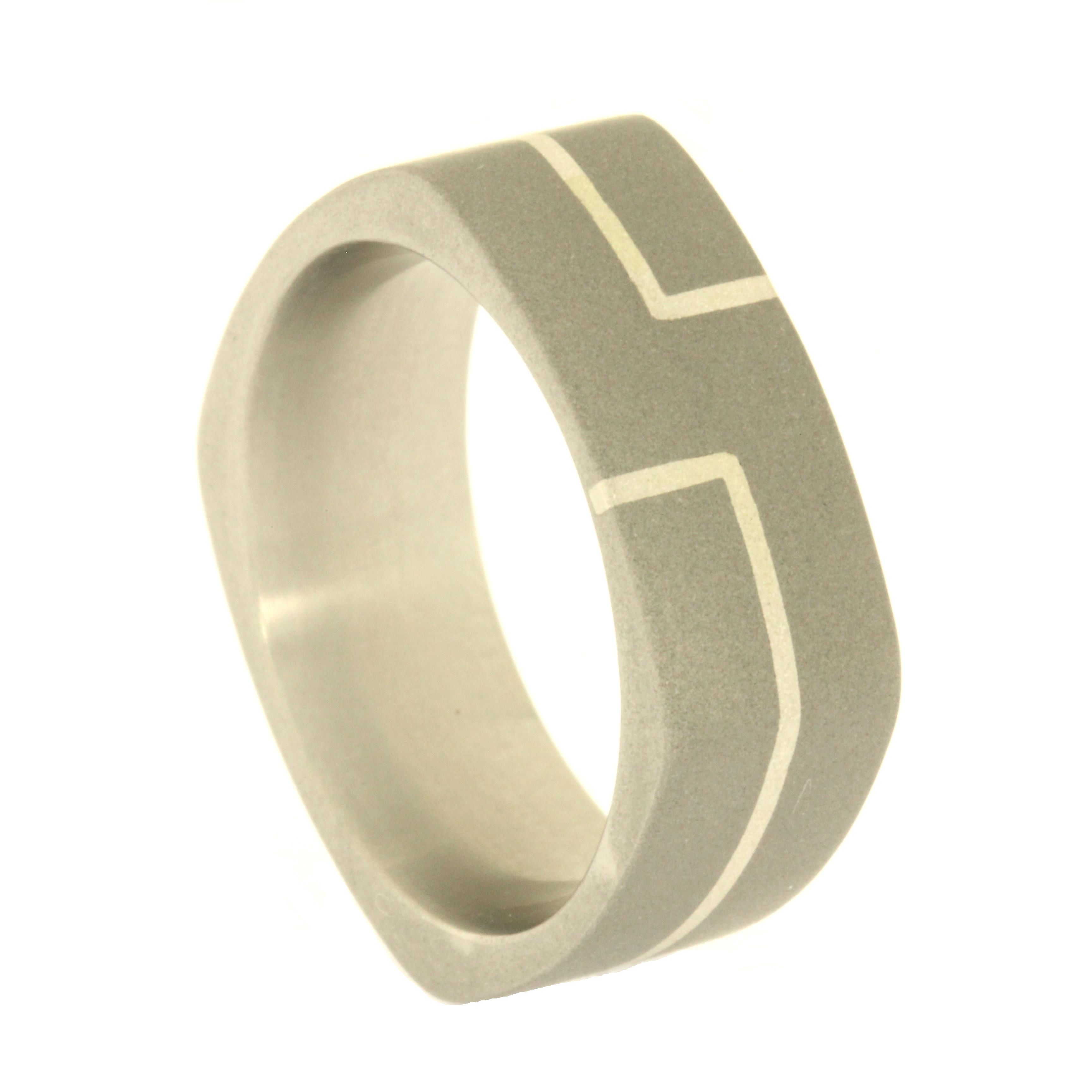 Handmade square ring in sandblast titanium with a sterling silver graphic design inlay; handmade especially for you.