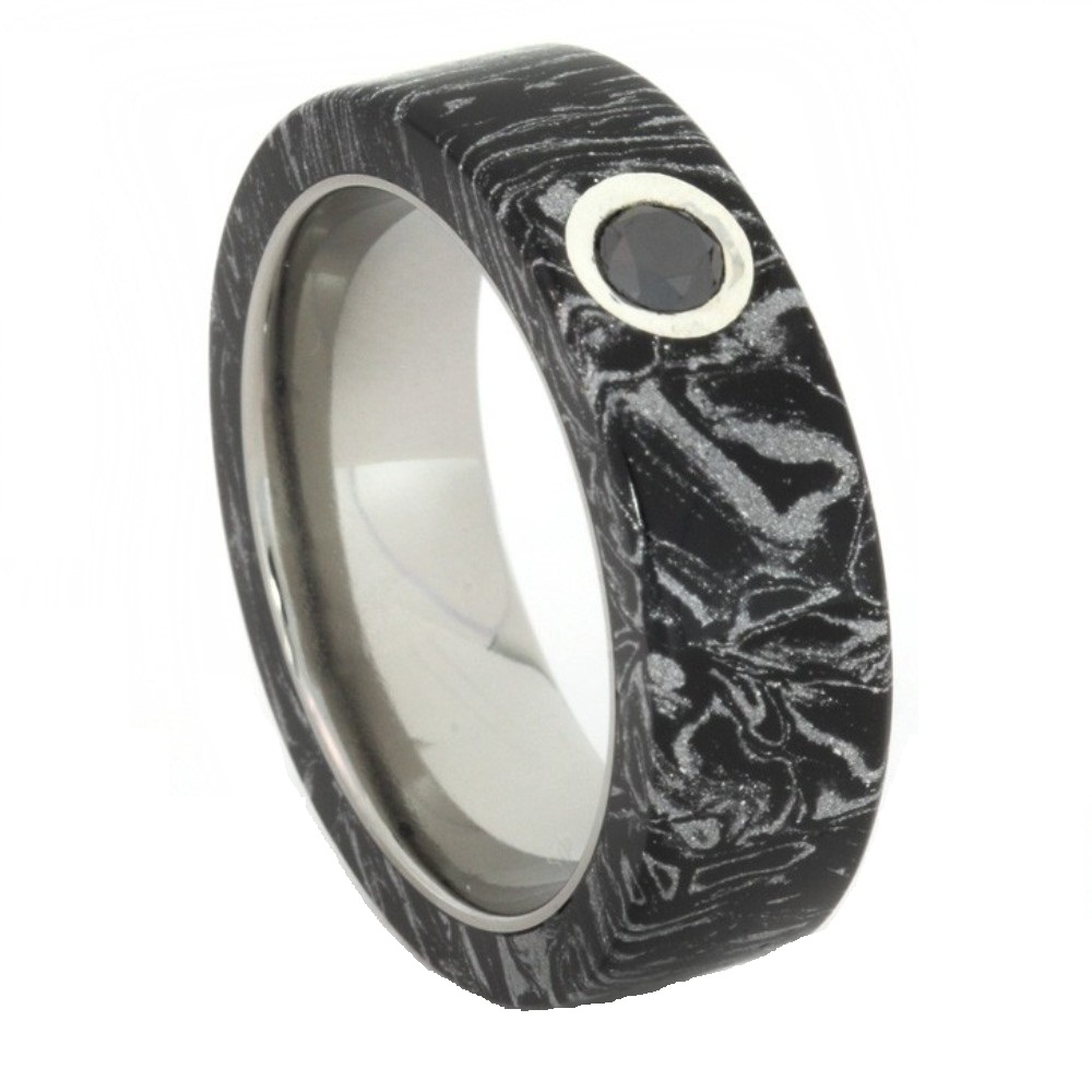 Black Diamond, Black and White Composite Mokume Gane 6mm Comfort-Fit Matte Titanium Wedding Band.