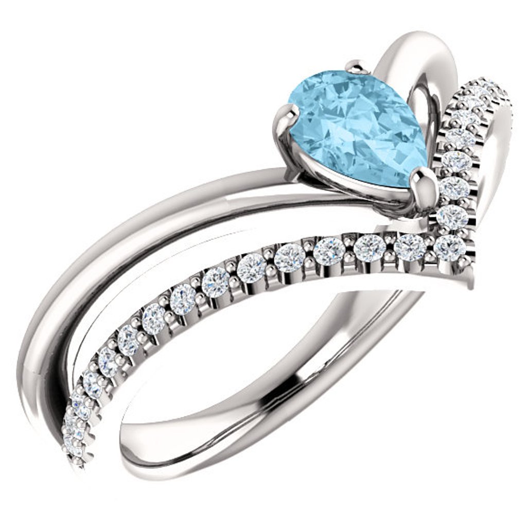  Diamond and Aquamarine 'V' Ring, Rhodium-Plated 14k White Gold