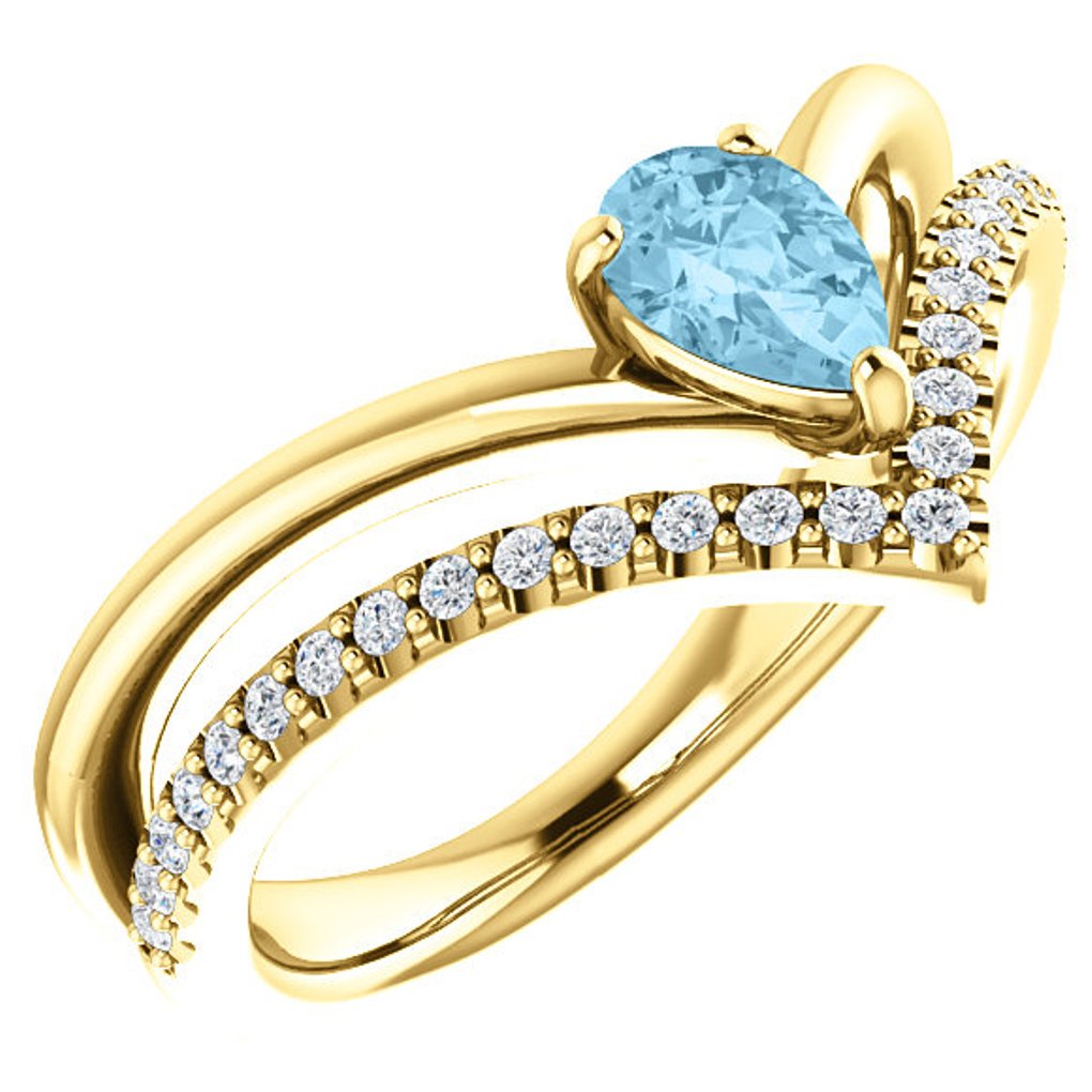 Diamond and Aquamarine 'V' Ring, 14k Yellow Gold
