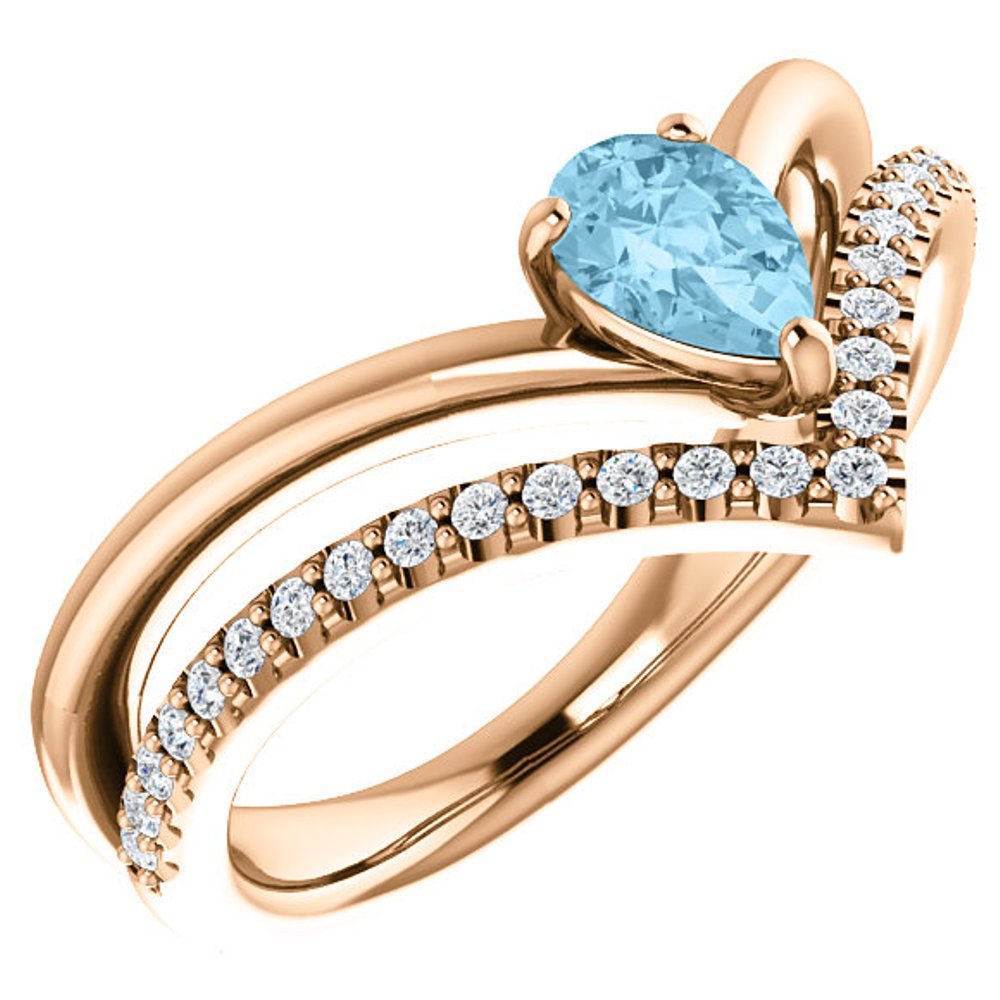  Diamond and Aquamarine 'V' Ring, 14k Rose Gold 