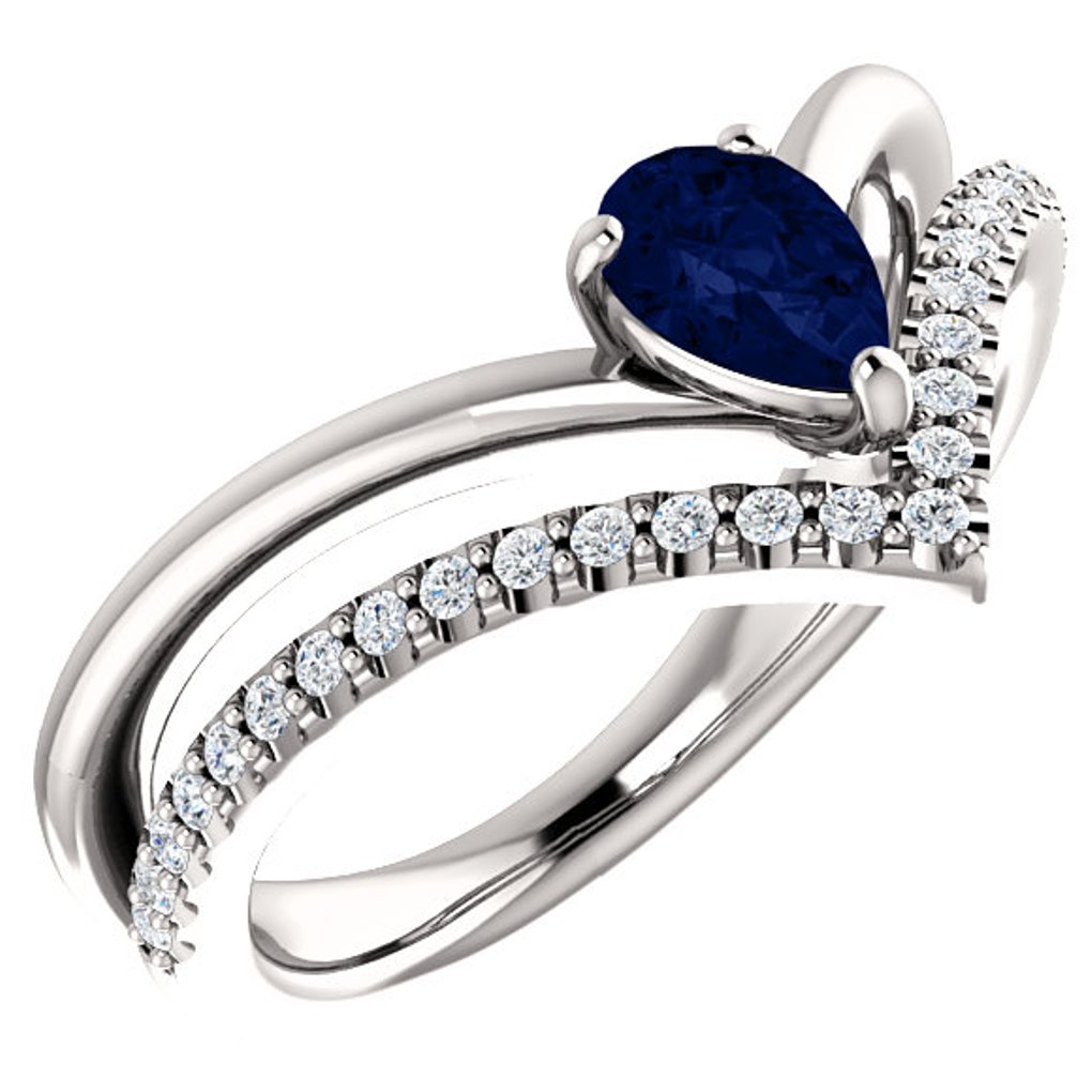  Diamond and Created Blue Sapphire 'V' Ring, Rhodium-Plated 14k White Gold