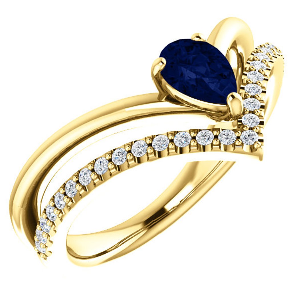  Diamond and Created Blue Sapphire 'V' Ring, 14k Yellow Gold