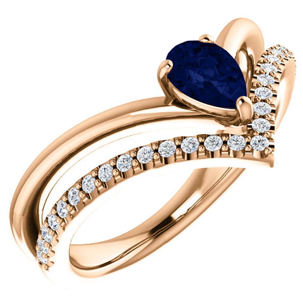 Diamond and Created Blue Sapphire 'V' Ring, 14k Rose Gold