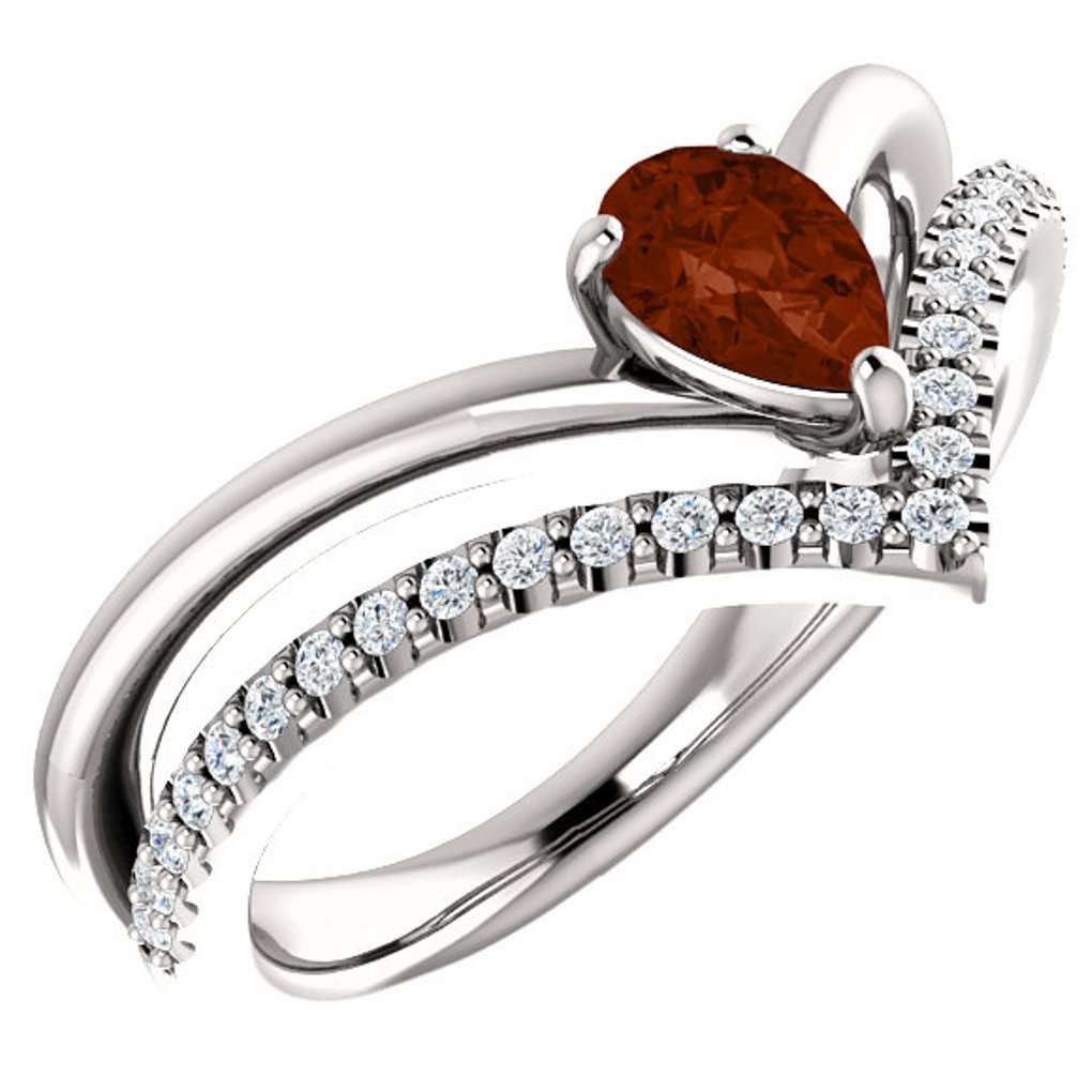 Diamond and Mozambique Garnet 'V' Ring, Rhodium-Plated 14k White Gold