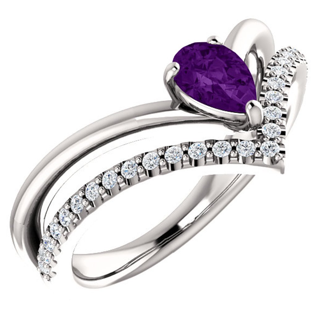 Diamond and Amethyst 'V' Ring, Rhodium-Plated 14k White Gold