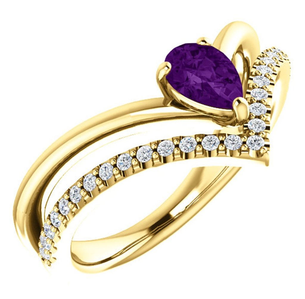 Diamond and Amethyst 'V' Ring, 14k Yellow Gold