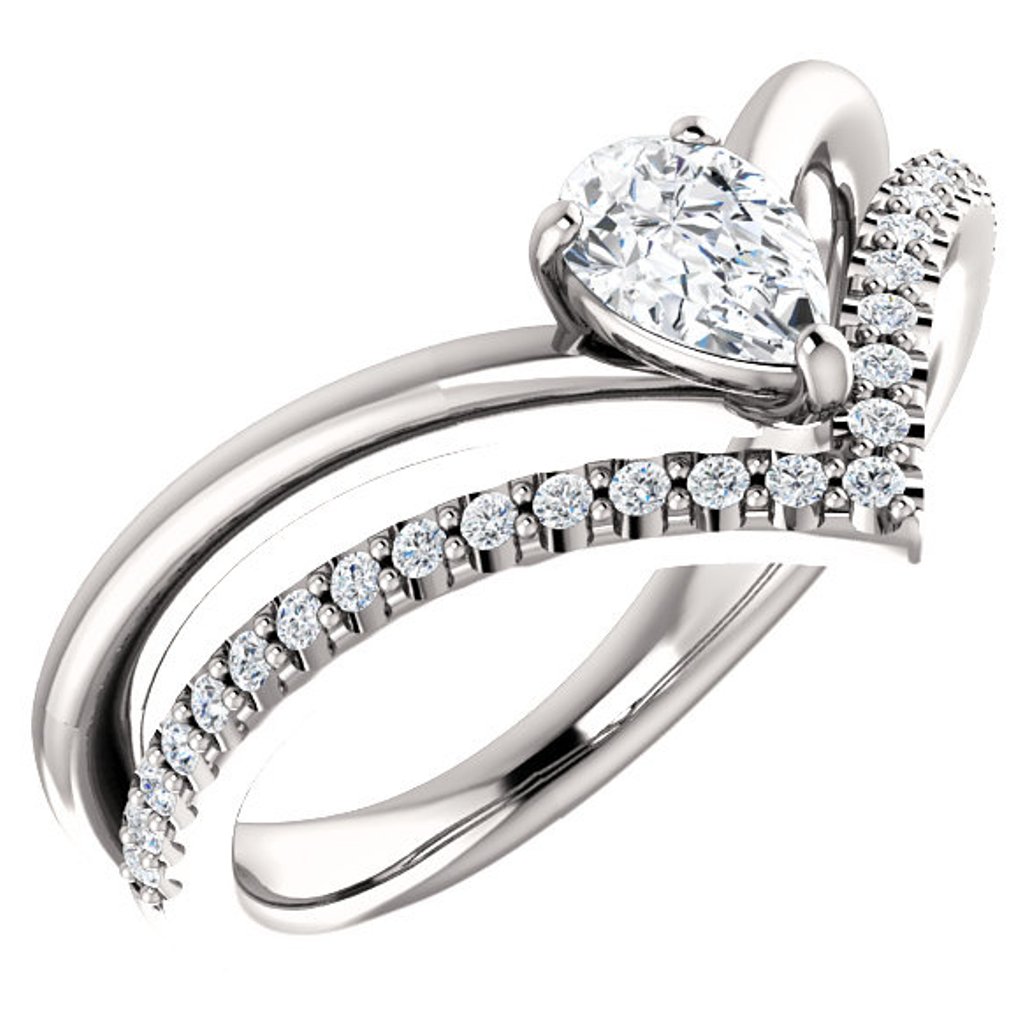 Diamond and White Sapphire 'V' Ring ,Rhodium-Plated 14k White Gold