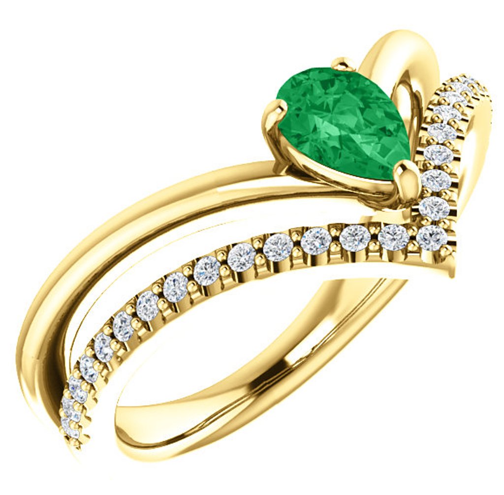Diamond and Emerald 'V' Ring, 14k Yellow Gold 