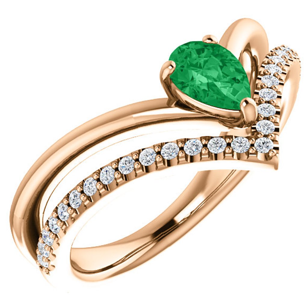  Diamond and Emerald  'V' Ring, 14k Rose Gold