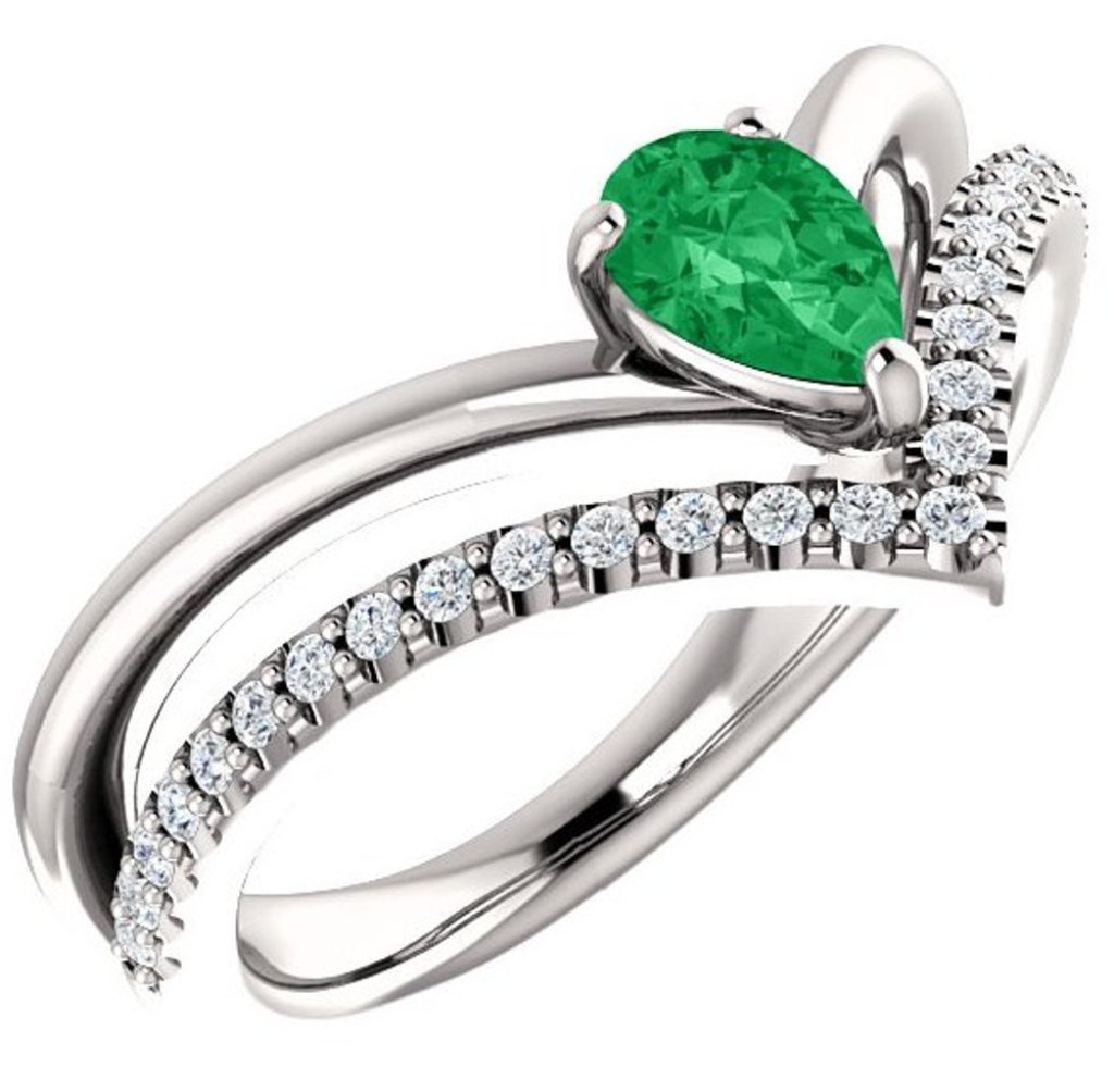 Diamond and Created Emerald 'V' Ring, Rhodium-Plated 14k White Gold 