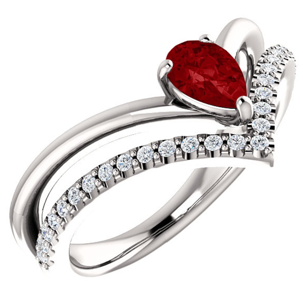  Diamond and Created Ruby 'V' Ring, Rhodium-Plated 14k White Gold