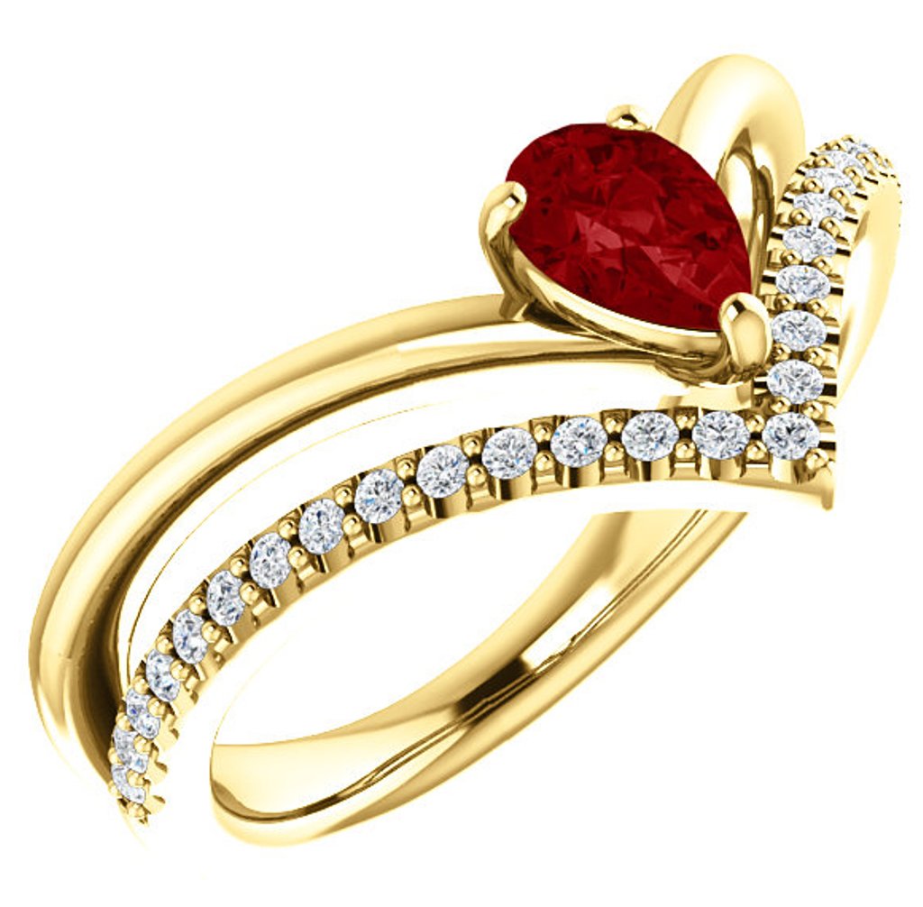  Diamond and Created Ruby 'V' Ring, 14k Yellow Gold