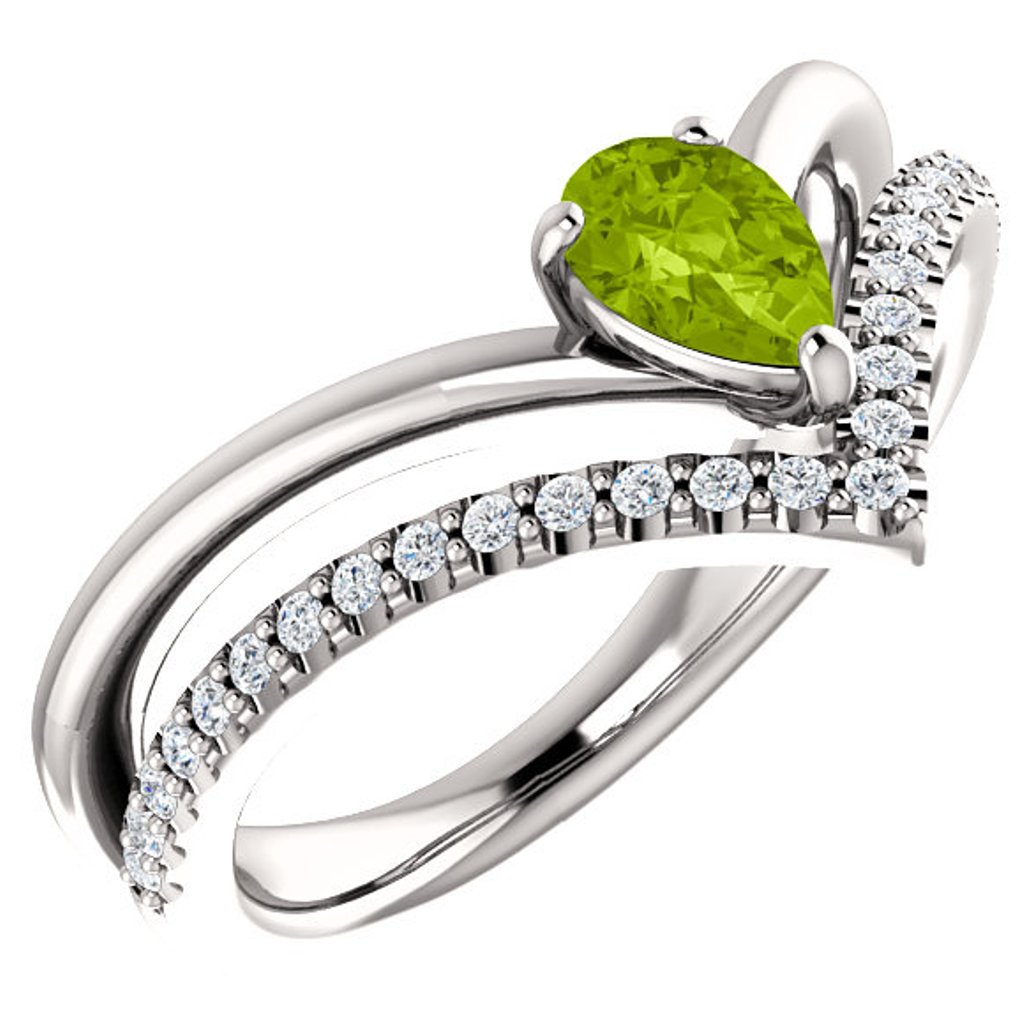  Diamond and Peridot 'V' Ring, Rhodium-Plated 14k White Gold