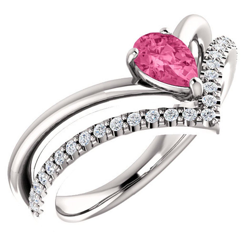  Diamond and Pink Tourmaline 'V' Ring, Rhodium-Plated 14k White Gold