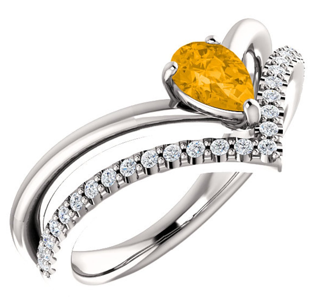 Diamond and Citrine 'V' Ring, Rhodium-Plated 14k White Gold 